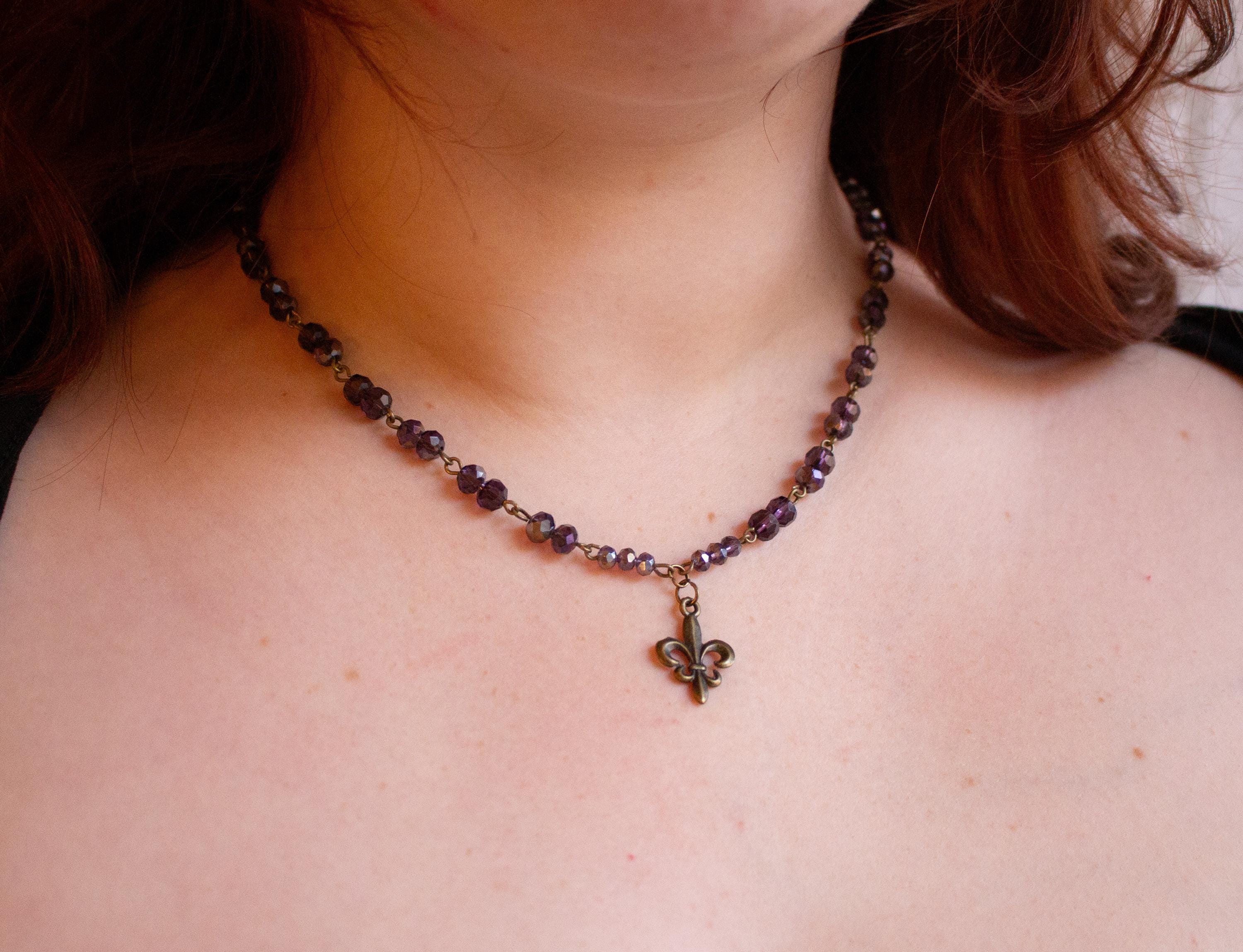 Vintage Inspired Purple Beaded Fleur-de-Lis Necklace