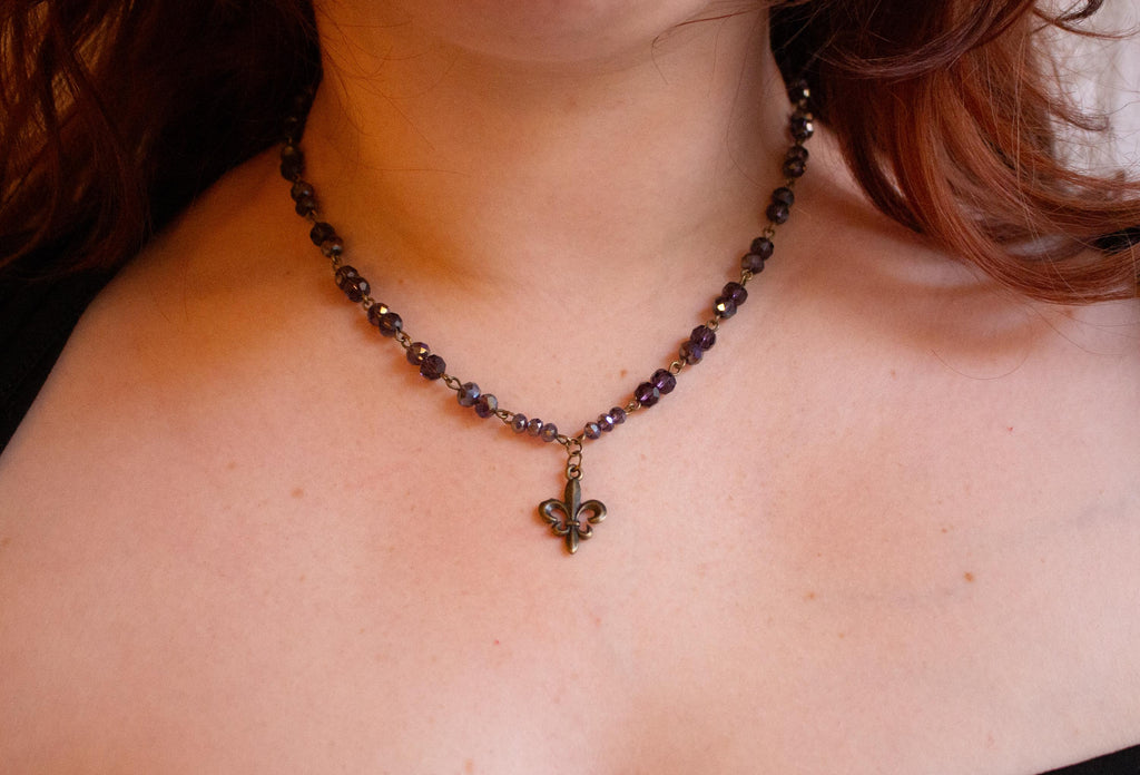 Vintage Inspired Purple Beaded Fleur-de-Lis Necklace