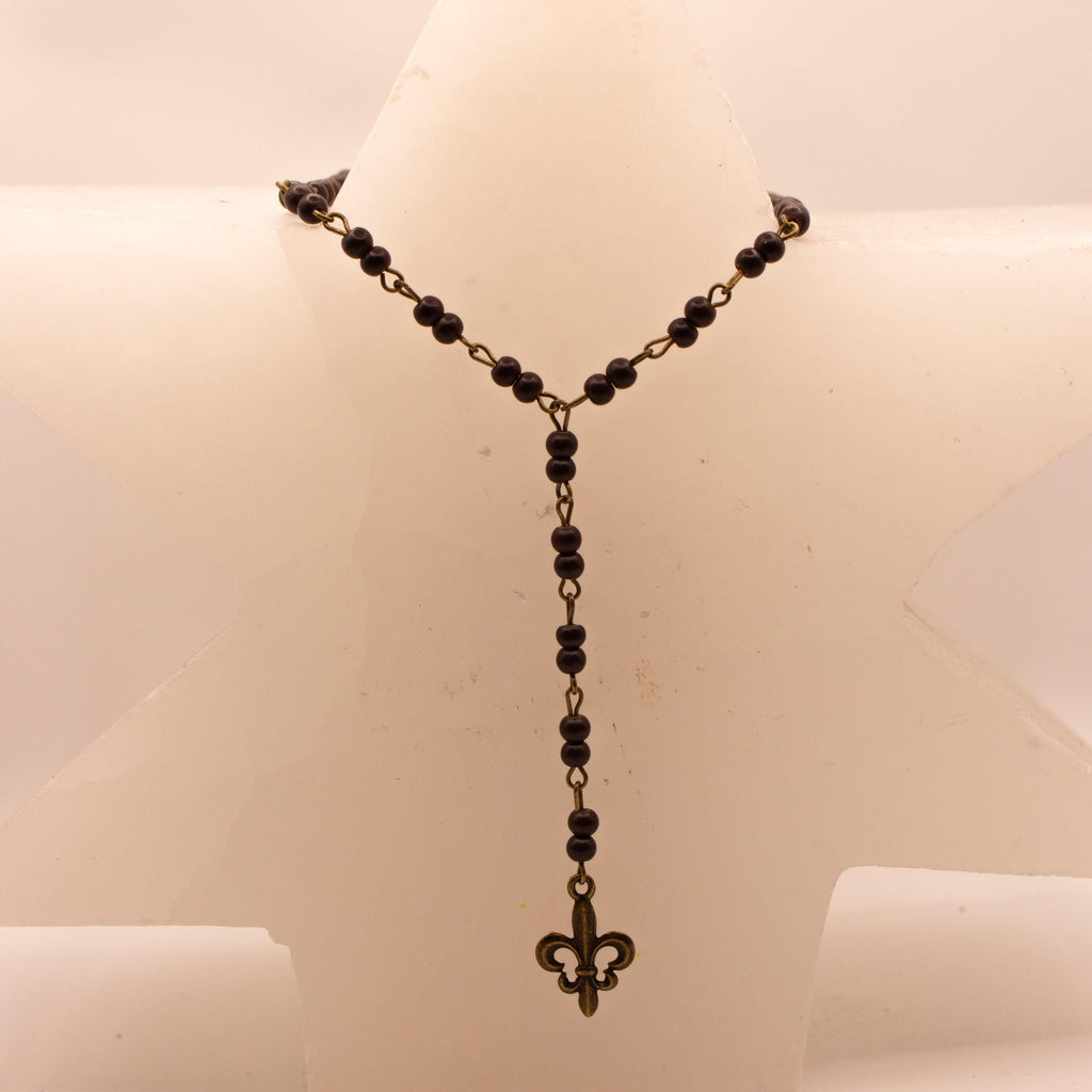 Vintage Inspired Dark Purple Beaded Drop Fleur-de-Lis Necklace