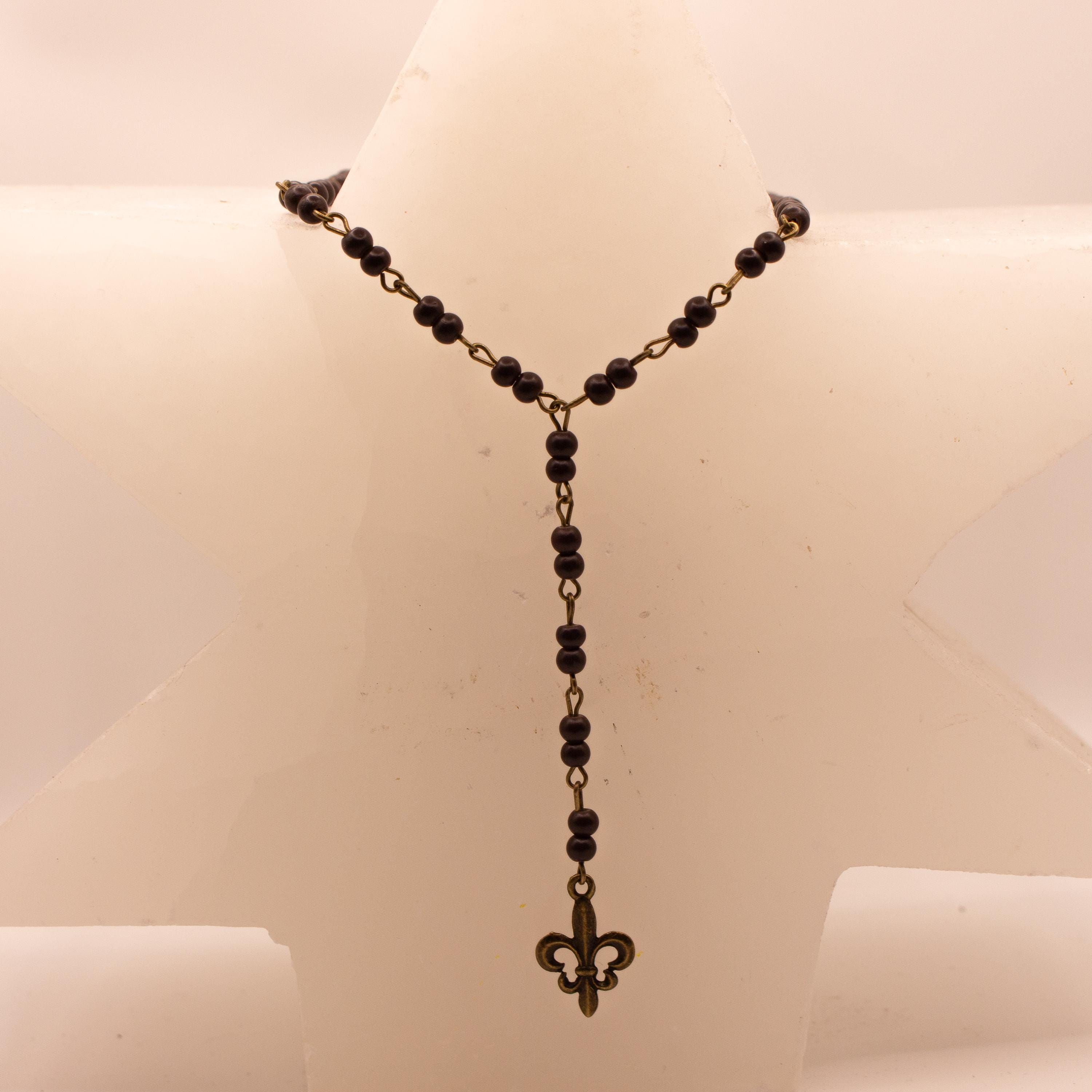 Vintage Inspired Dark Purple Beaded Drop Fleur-de-Lis Necklace