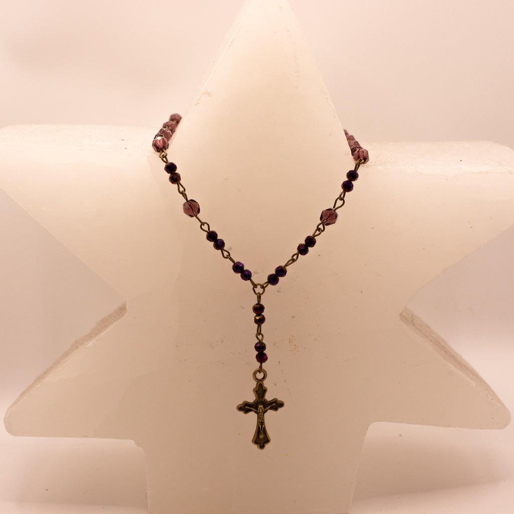 Vintage Inspired Purple Glass Beaded Rosary Necklace ⋆ Bronze Cross Pendant Drop