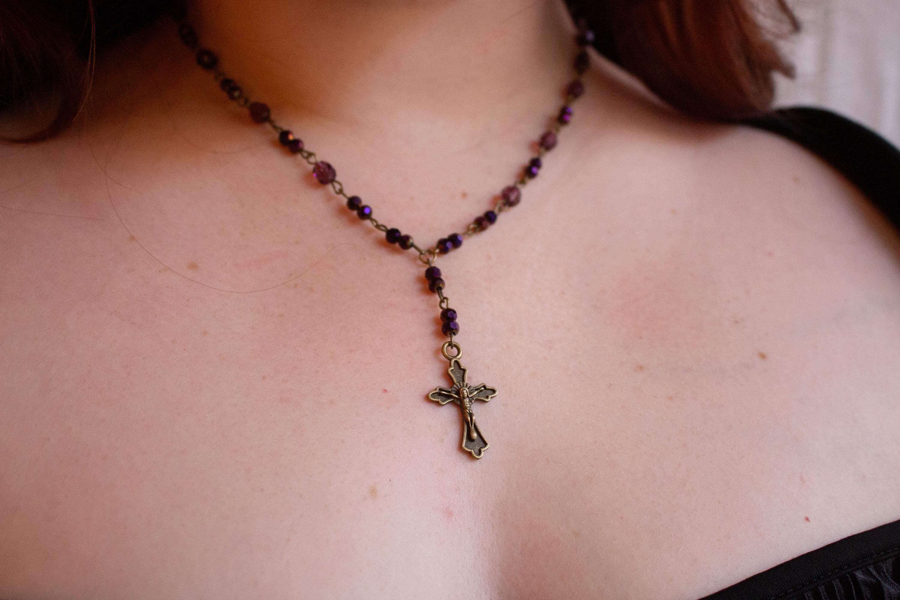 Vintage Inspired Purple Glass Beaded Rosary Necklace ⋆ Bronze Cross Pendant Drop