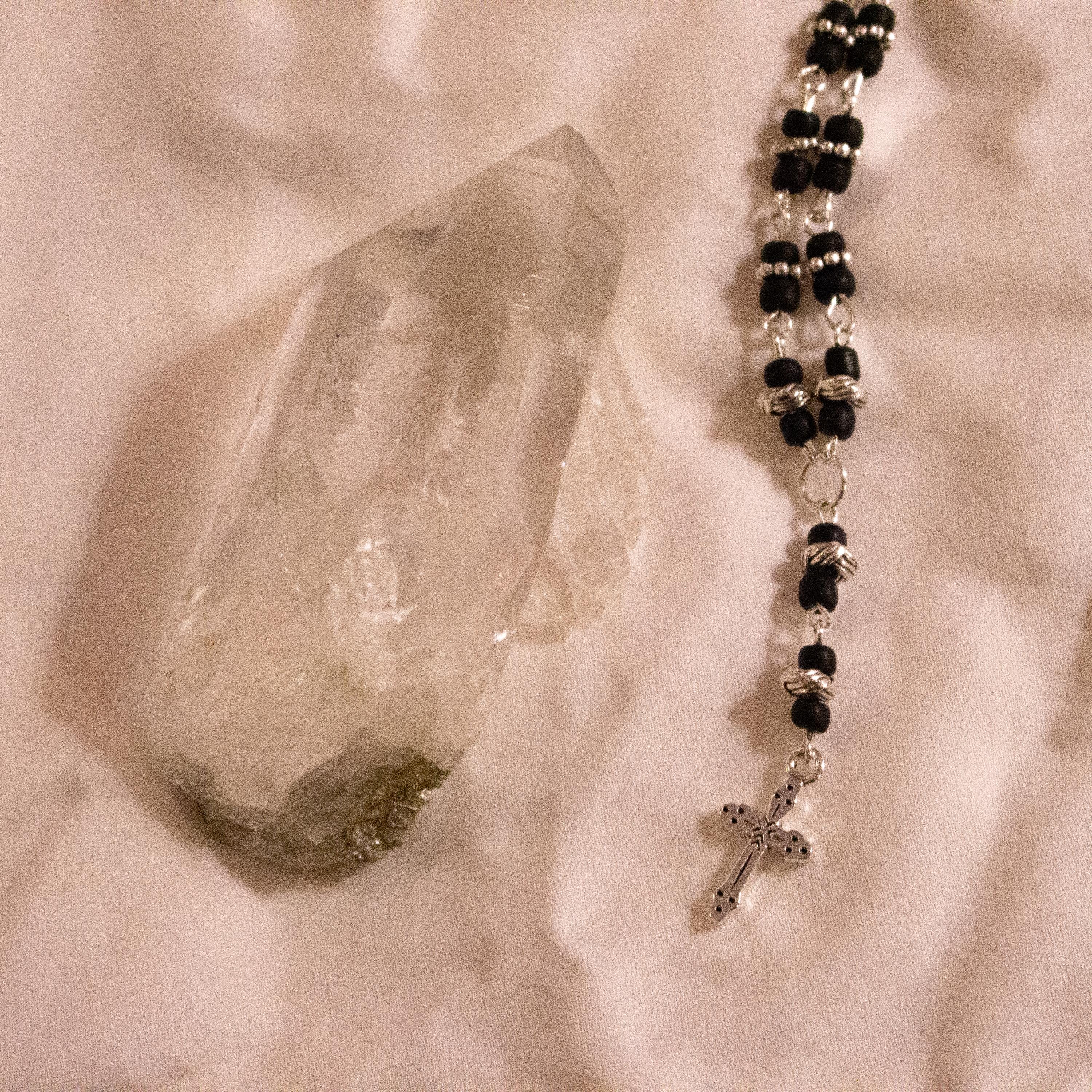 Silver Cross Pendant Necklace ⋆ Vintage Inspired Handmade Black Beaded Rosary-Style Jewelry