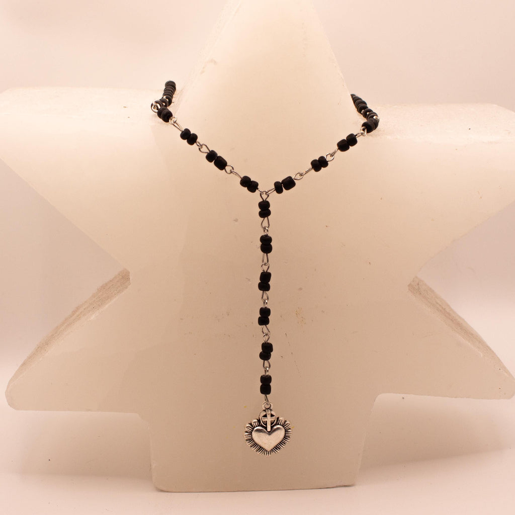 Heart Crown Cross Pendant Necklace ⋆ Vintage Inspired Handmade Black Beaded Rosary-Style Jewelry