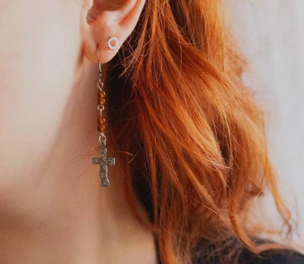 Vintage Inspired Brown Bead Cross Pendant Drop Earrings – Handmade Spiritual Jewelry