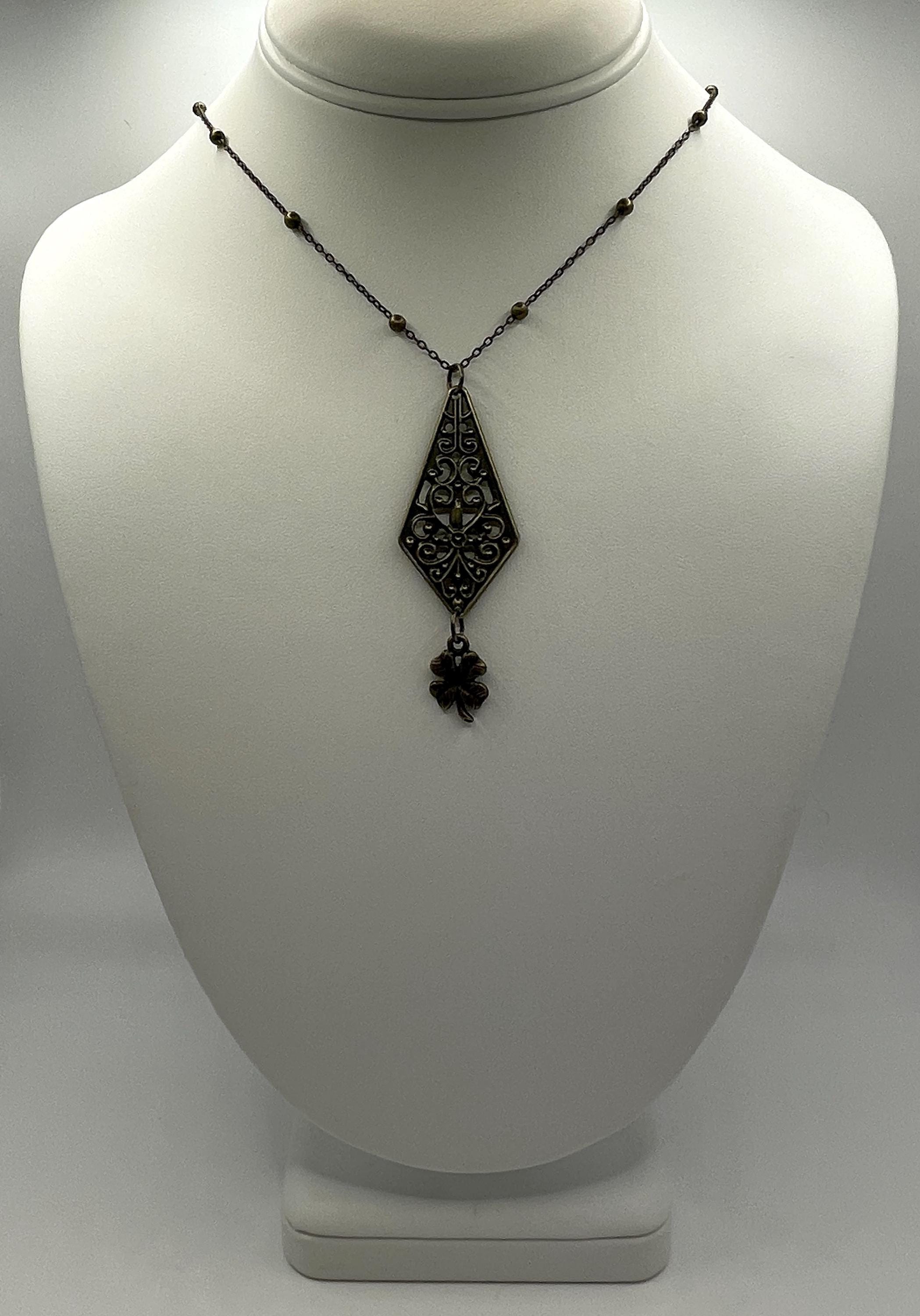 Vintage-Inspired Bronze Filigree Clover Pendant Necklace - Art Nouveau, Boho, Gothic, Lucky Charm Jewelry