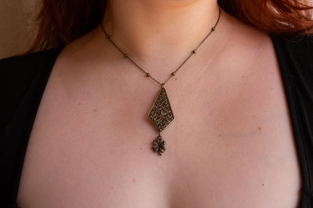 Vintage-Inspired Bronze Filigree Clover Pendant Necklace - Art Nouveau, Boho, Gothic, Lucky Charm Jewelry