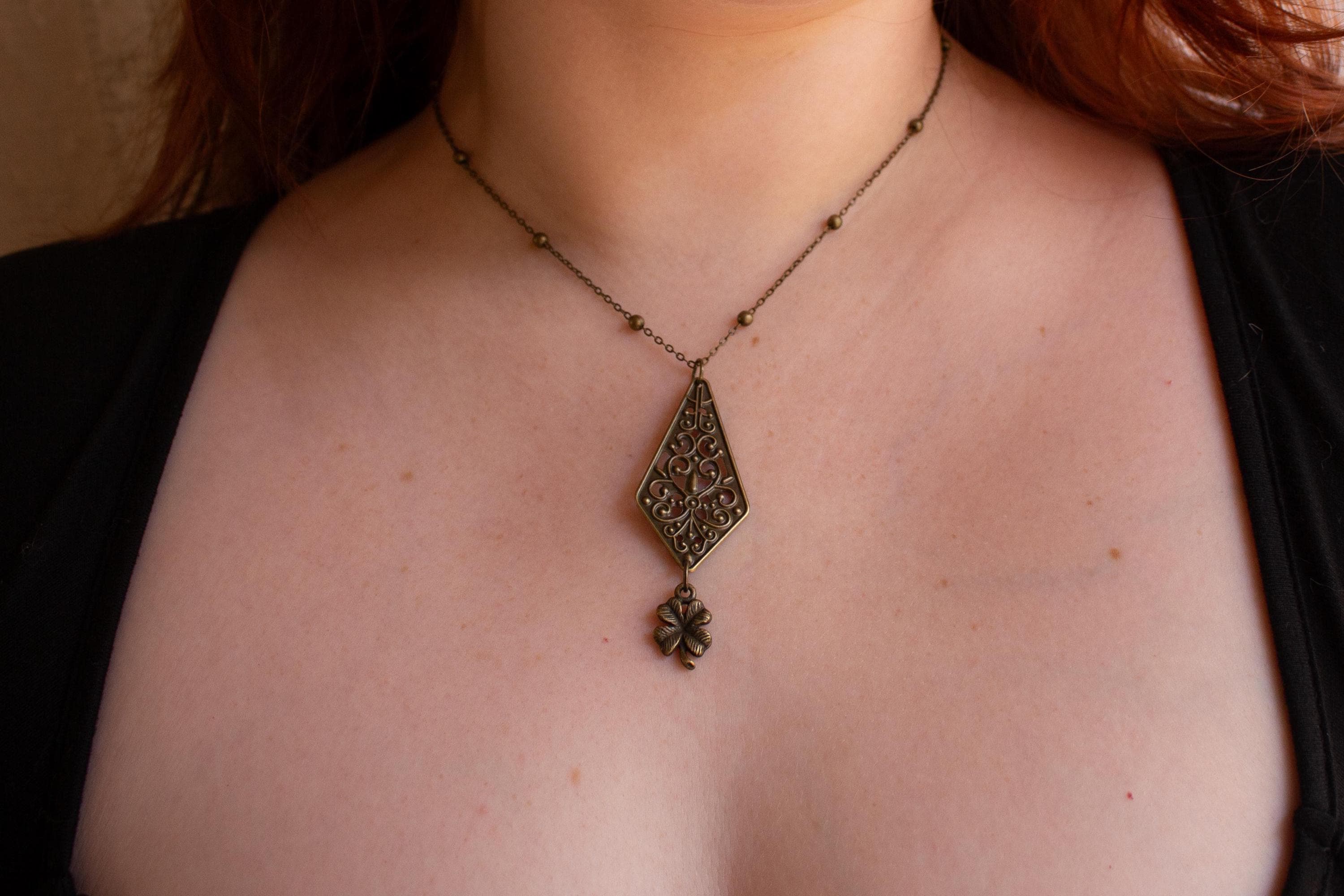 Vintage-Inspired Bronze Filigree Clover Pendant Necklace - Art Nouveau, Boho, Gothic, Lucky Charm Jewelry