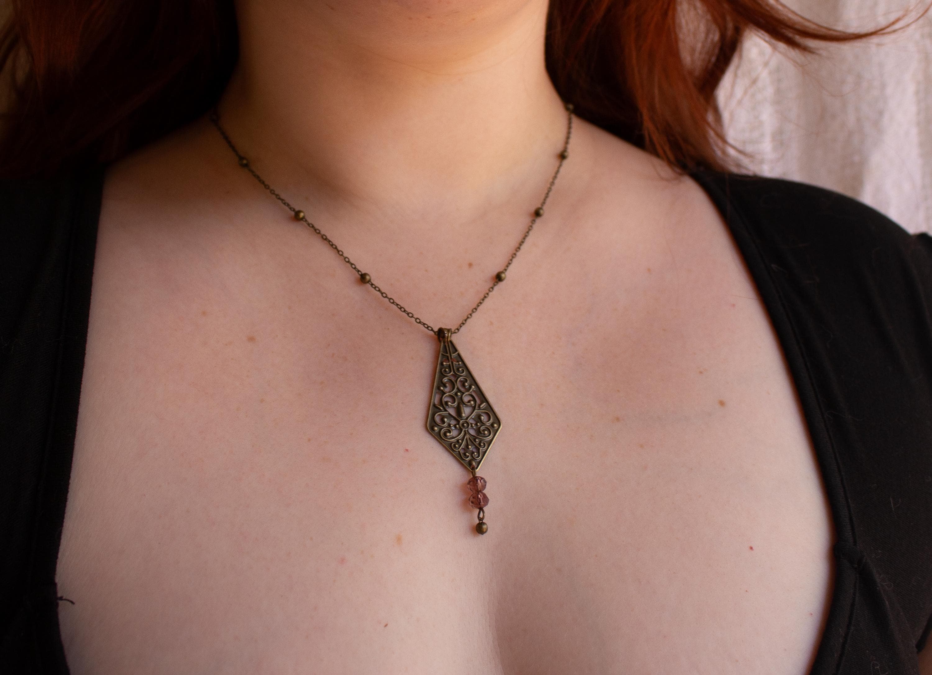 Vintage Inspired Art Nouveau Bronze Filigree Pendant Purple Bead Drop Necklace