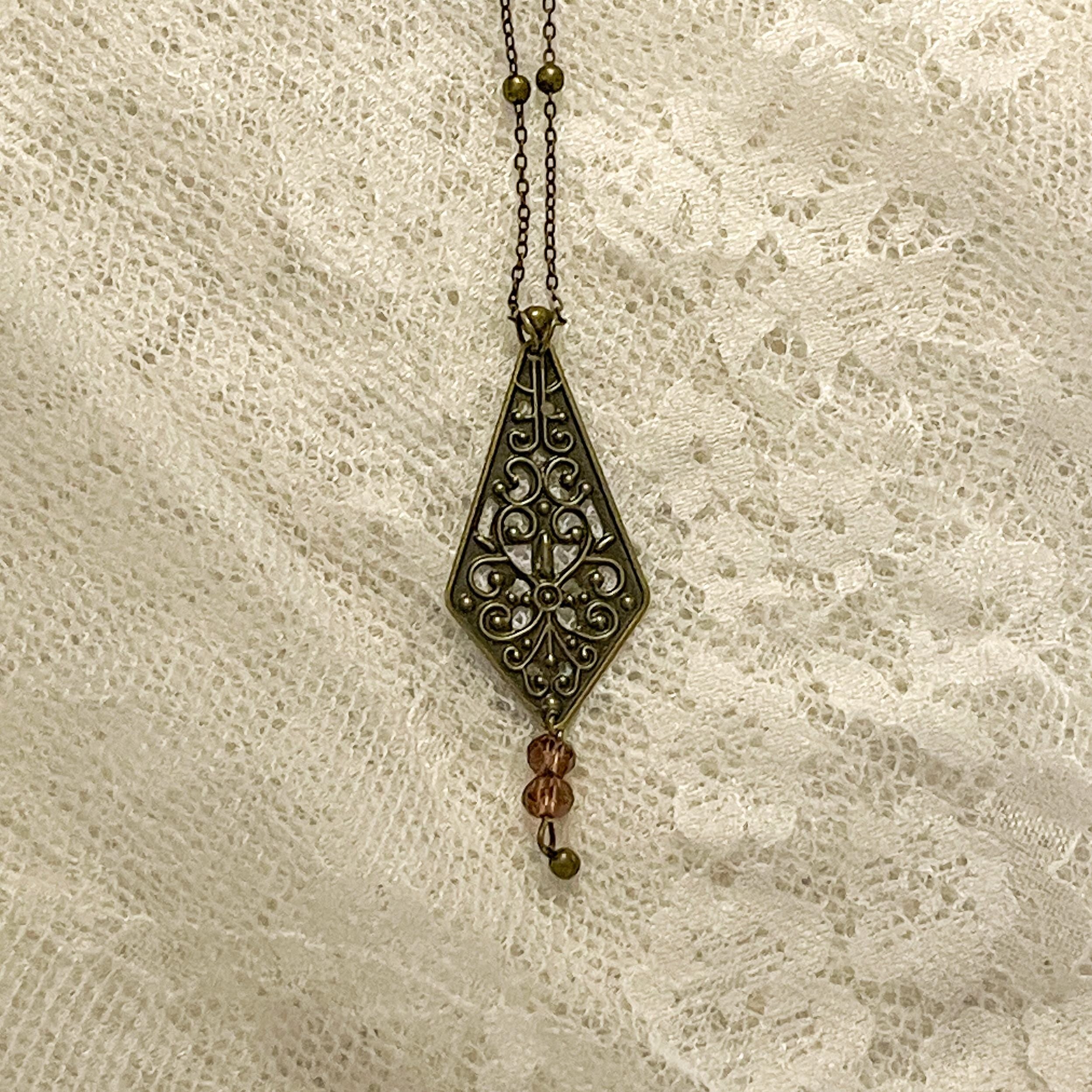 Vintage Inspired Art Nouveau Bronze Filigree Pendant Purple Bead Drop Necklace