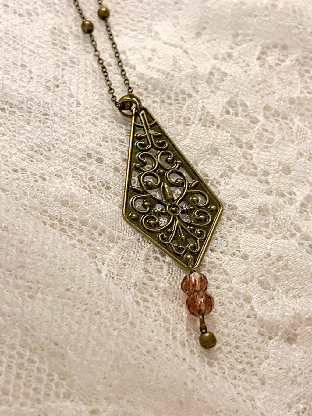 Vintage Inspired Art Nouveau Bronze Filigree Pendant Purple Bead Drop Necklace