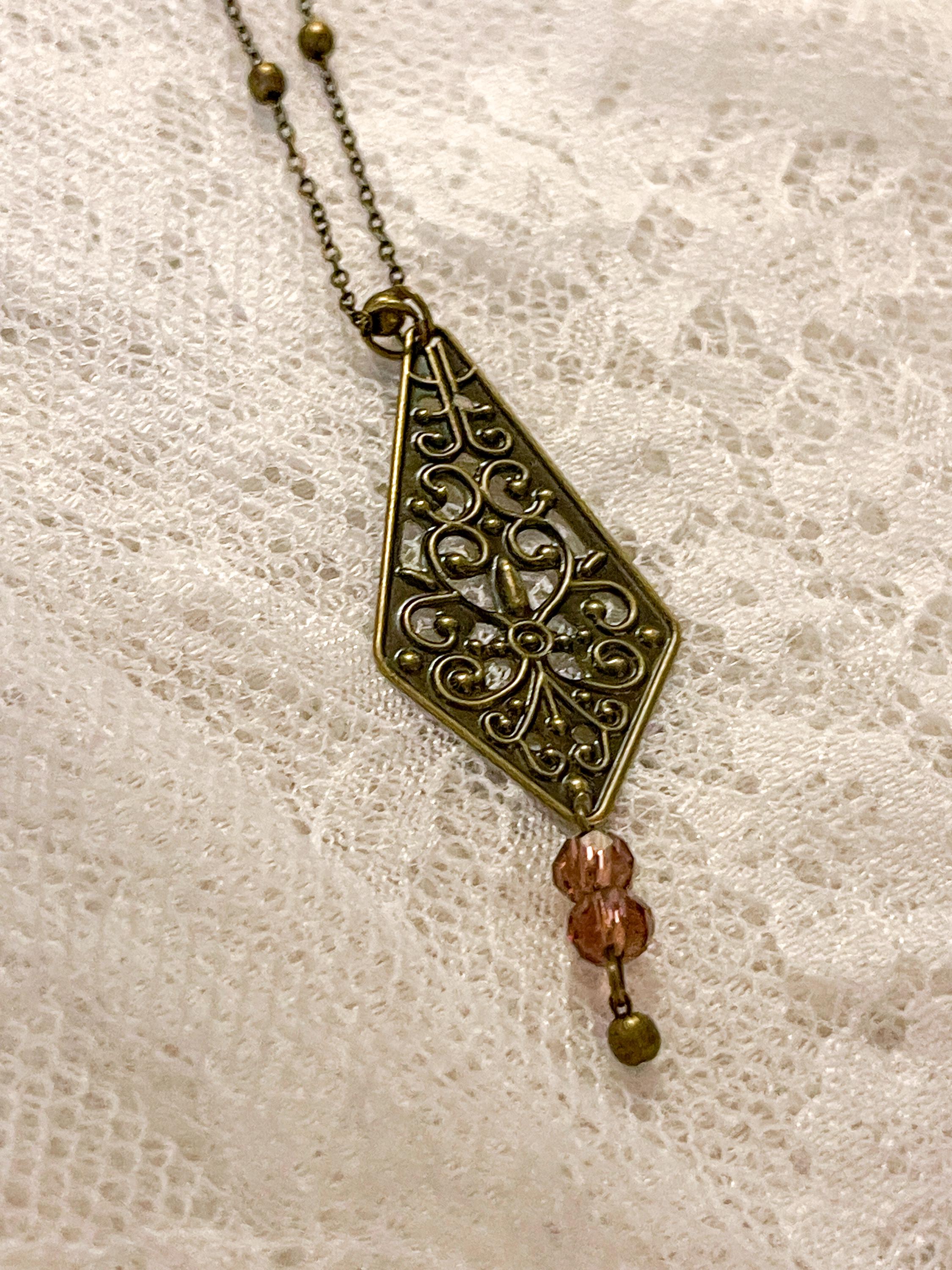 Vintage Inspired Art Nouveau Bronze Filigree Pendant Purple Bead Drop Necklace