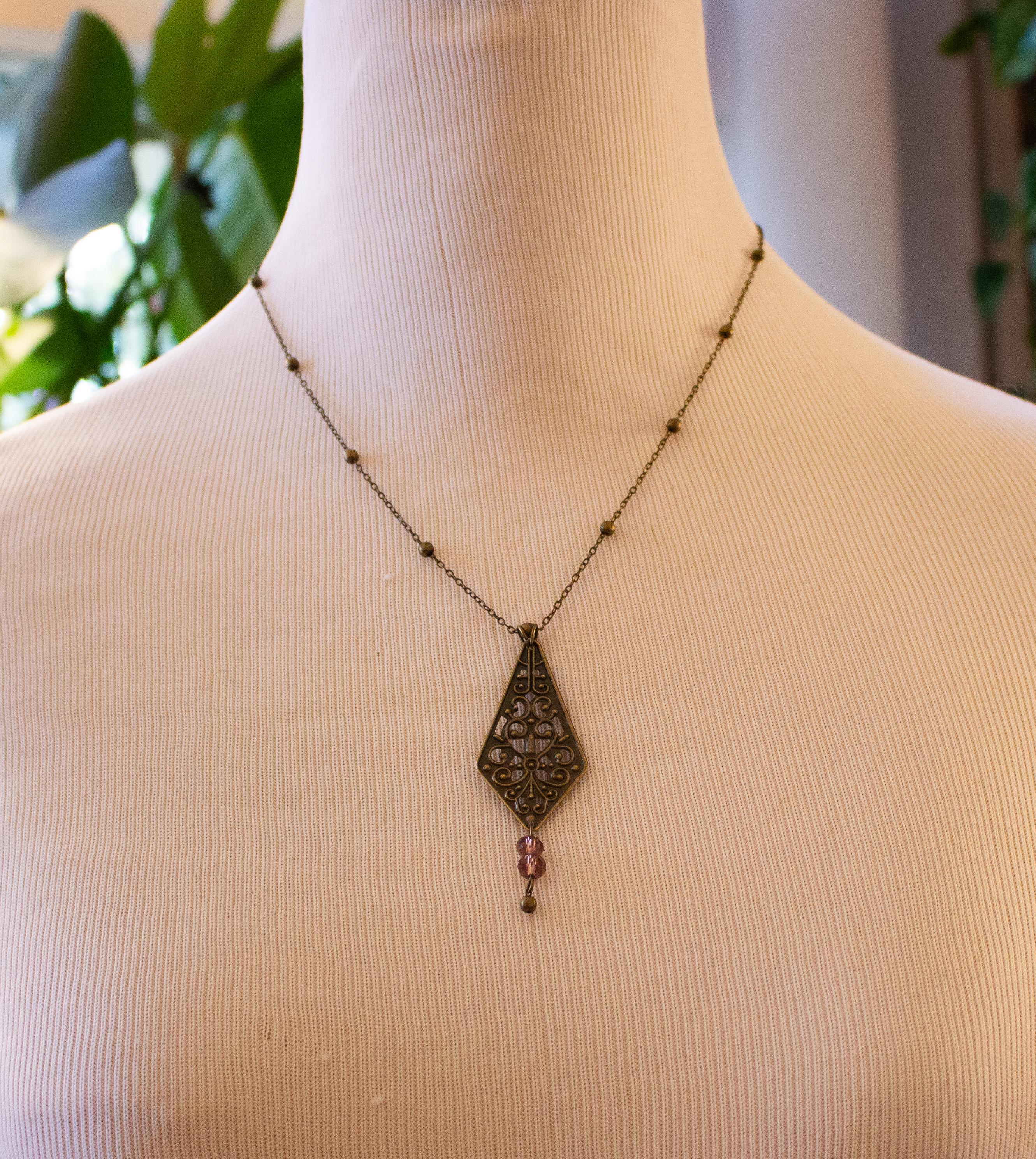 Vintage Inspired Art Nouveau Bronze Filigree Pendant Purple Bead Drop Necklace