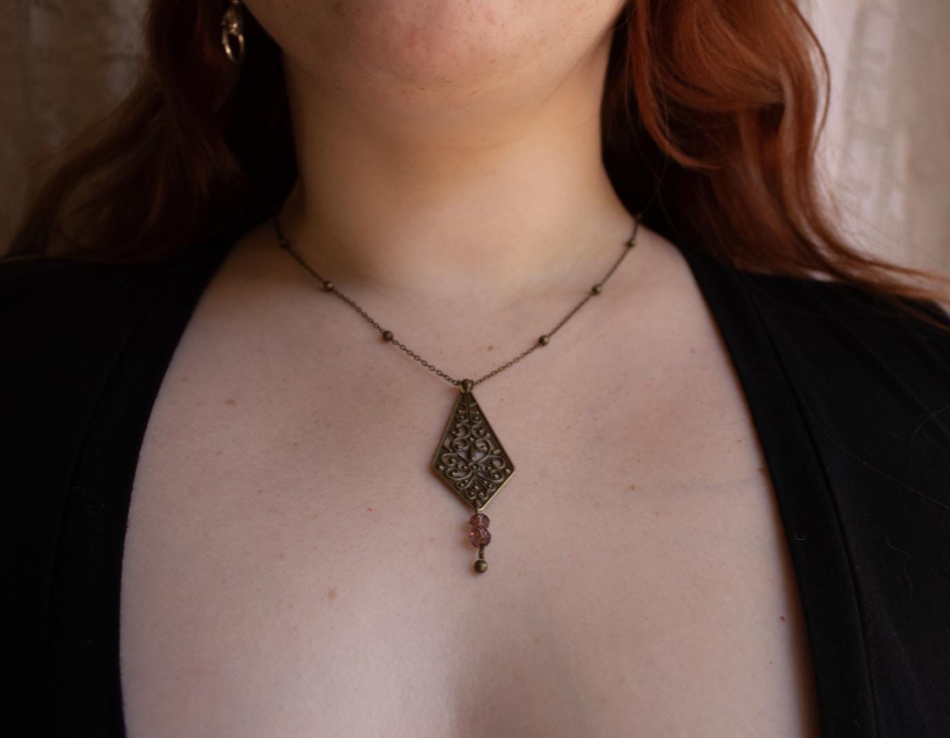 Vintage Inspired Art Nouveau Bronze Filigree Pendant Purple Bead Drop Necklace