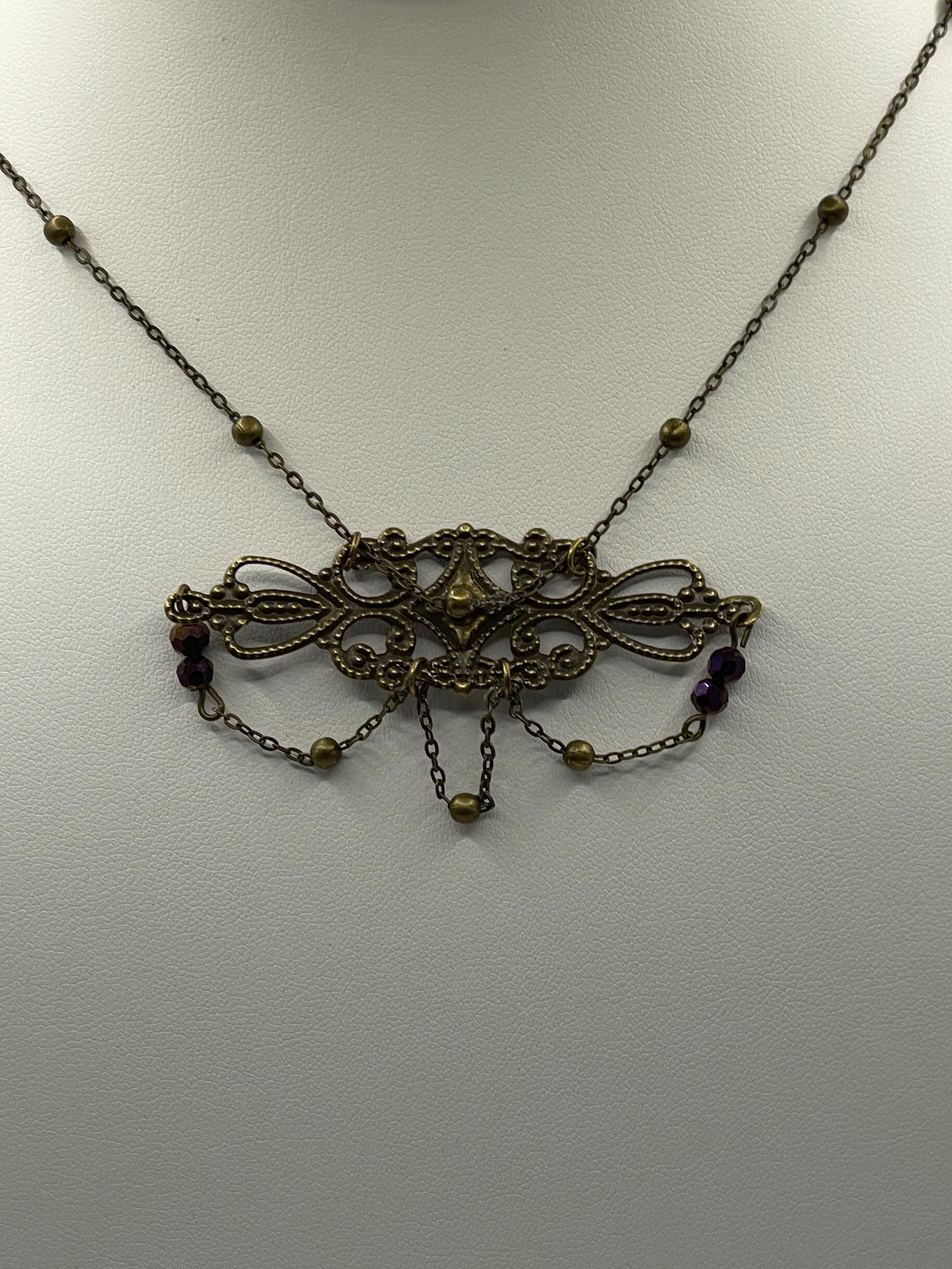Vintage-Inspired Art Nouveau Necklace • Dark Bronze Filigree Pendant with Delicate Chains & Purple Beads
