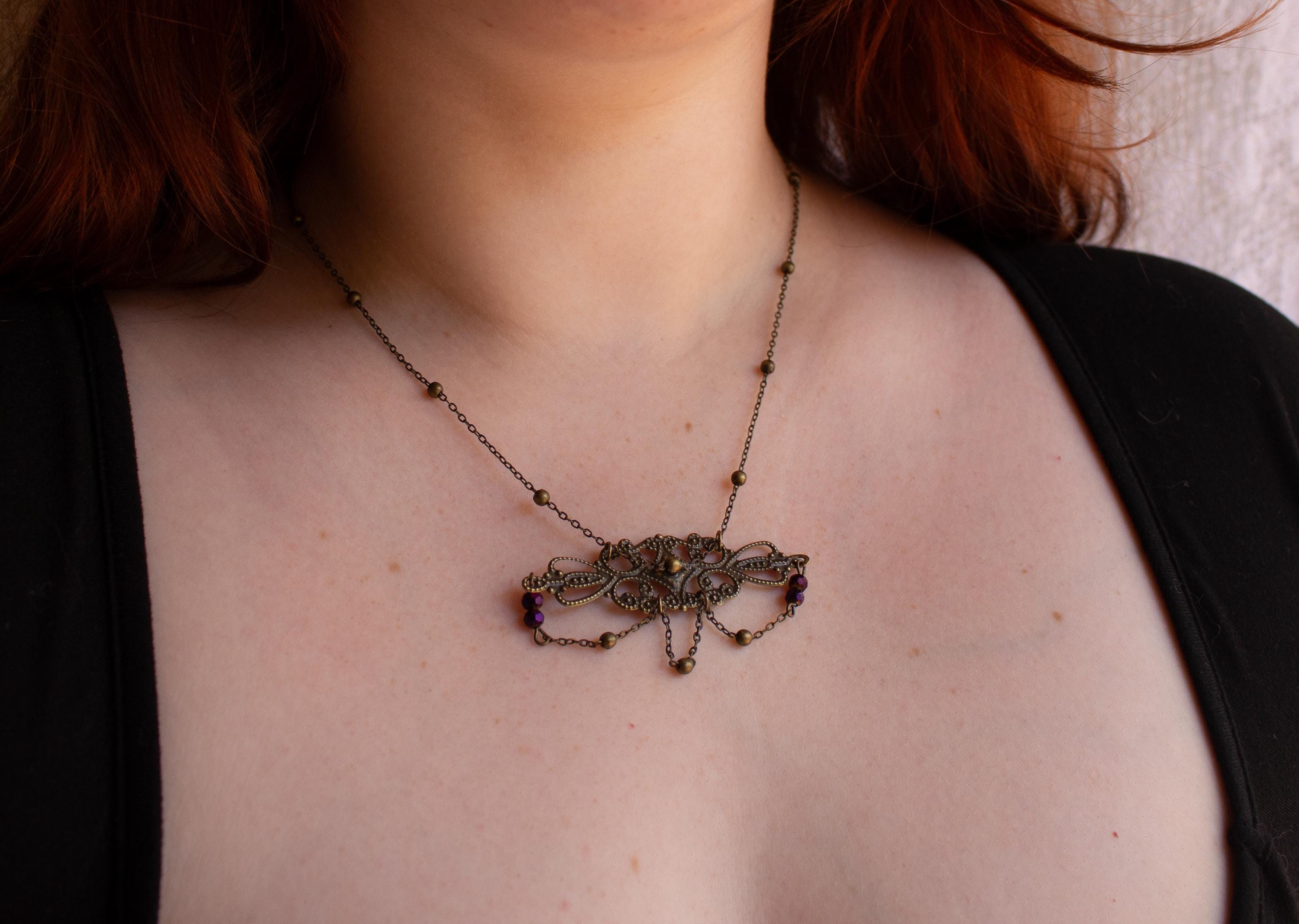 Vintage-Inspired Art Nouveau Necklace • Dark Bronze Filigree Pendant with Delicate Chains & Purple Beads