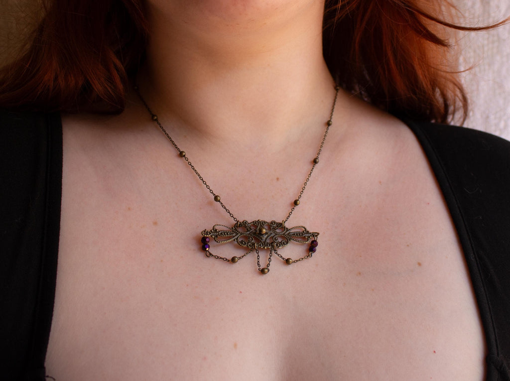 Vintage-Inspired Art Nouveau Necklace • Dark Bronze Filigree Pendant with Delicate Chains & Purple Beads