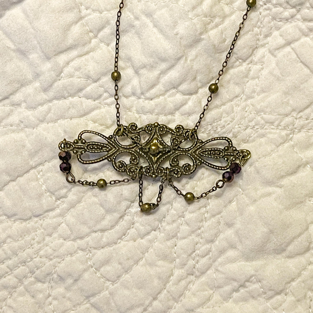 Vintage-Inspired Art Nouveau Necklace • Dark Bronze Filigree Pendant with Delicate Chains & Purple Beads