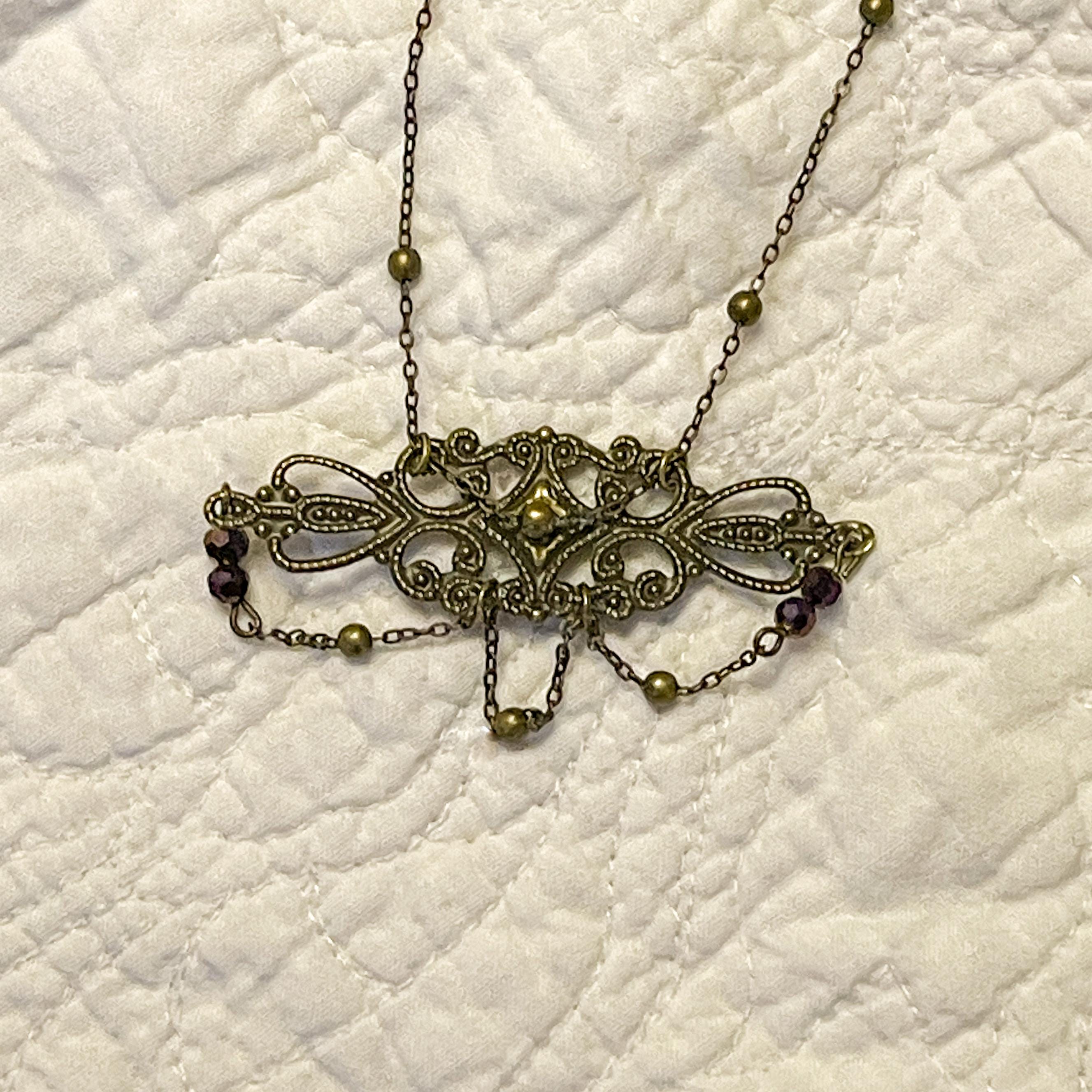 Vintage-Inspired Art Nouveau Necklace • Dark Bronze Filigree Pendant with Delicate Chains & Purple Beads