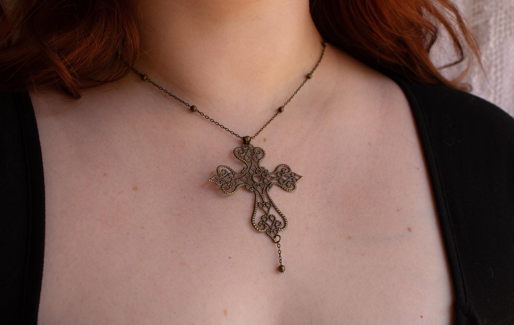 Vintage Art Nouveau Inspired Bronze Filigree Cross with Gold Chain Bead Drop Necklace