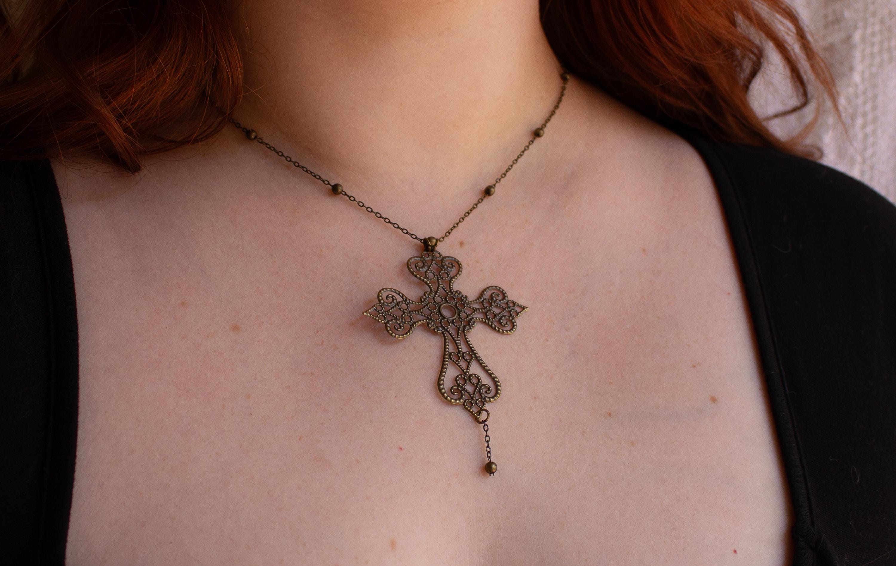 Vintage Art Nouveau Inspired Bronze Filigree Cross with Gold Chain Bead Drop Necklace