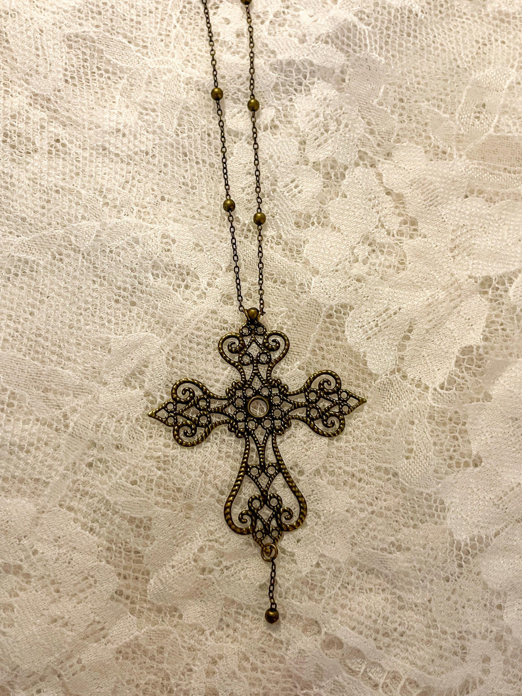 Vintage Art Nouveau Inspired Bronze Filigree Cross with Gold Chain Bead Drop Necklace