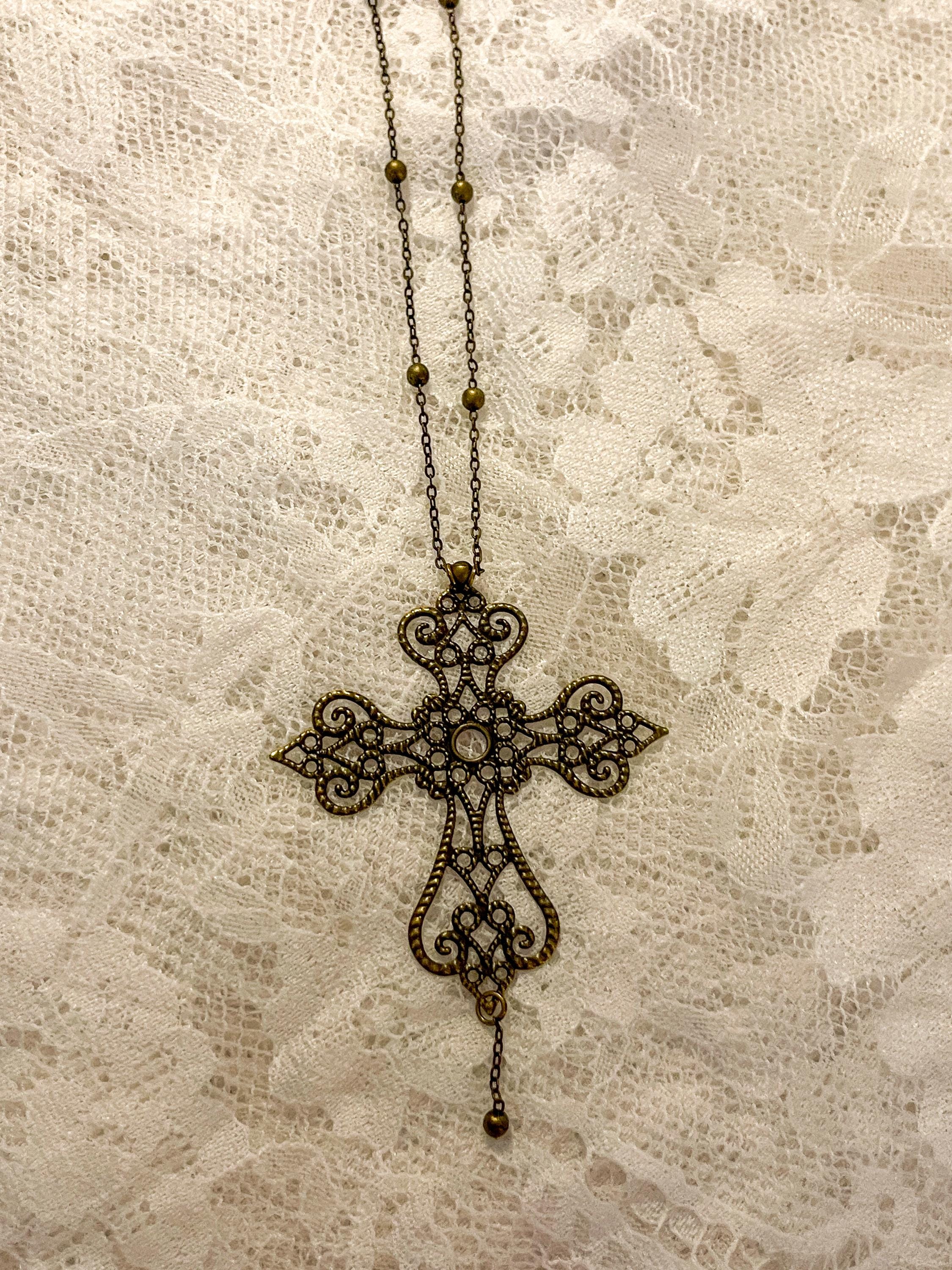 Vintage Art Nouveau Inspired Bronze Filigree Cross with Gold Chain Bead Drop Necklace