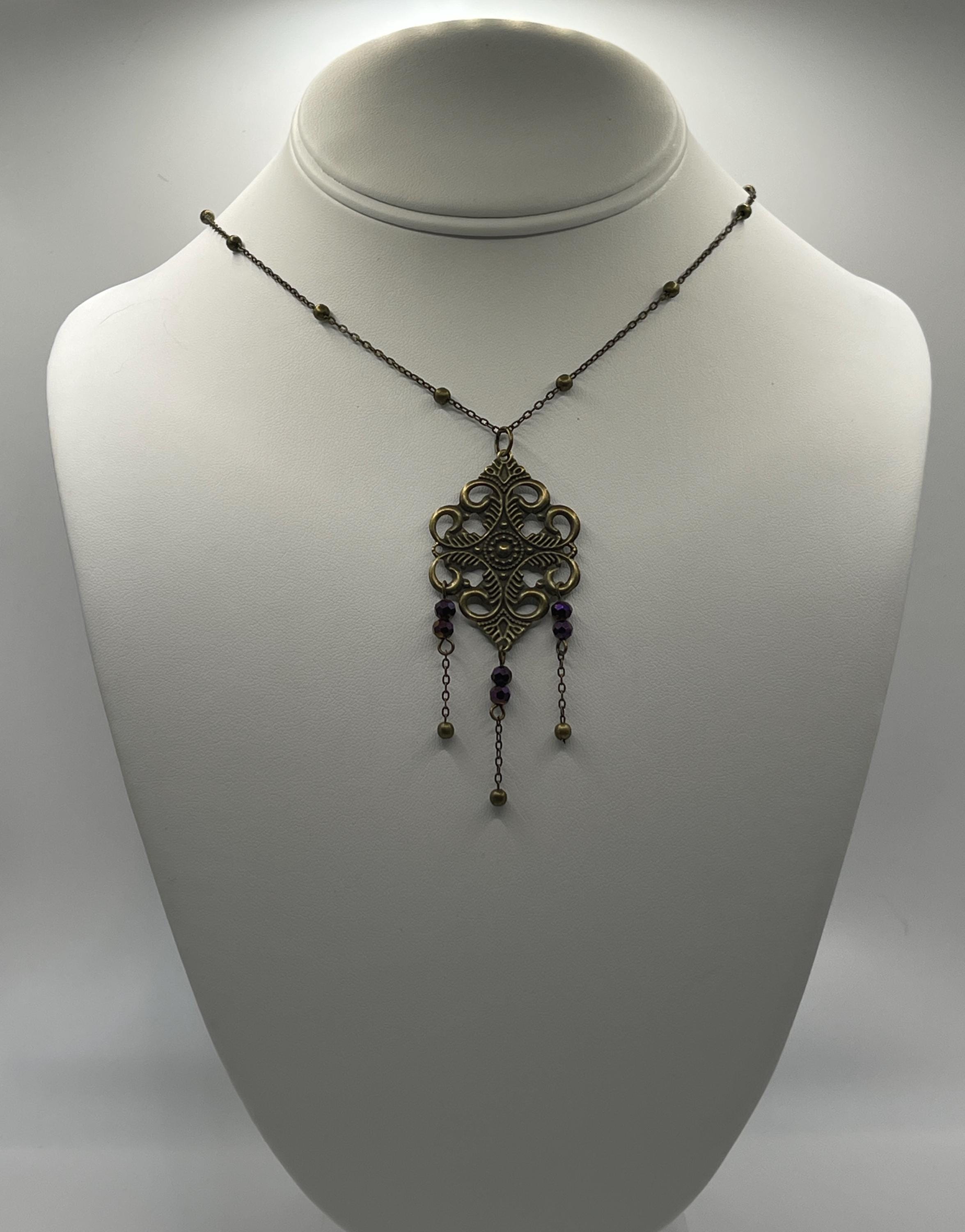 Vintage Art Nouveau Inspired Floral Filigree Bronze Necklace with Three Chain Multicolored Reflective Beaded Drops
