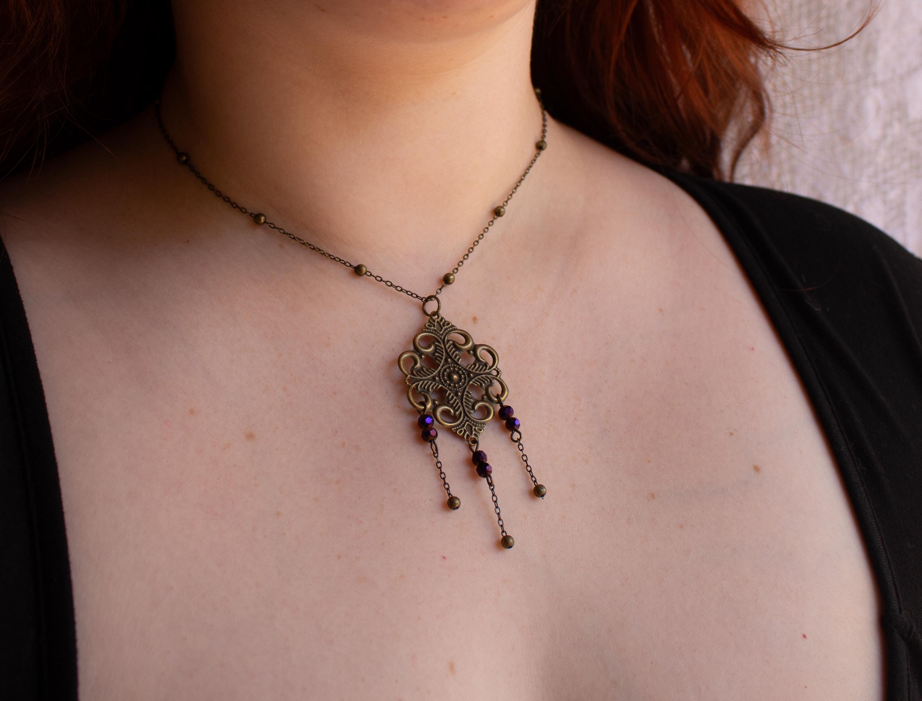 Vintage Art Nouveau Inspired Floral Filigree Bronze Necklace with Three Chain Multicolored Reflective Beaded Drops