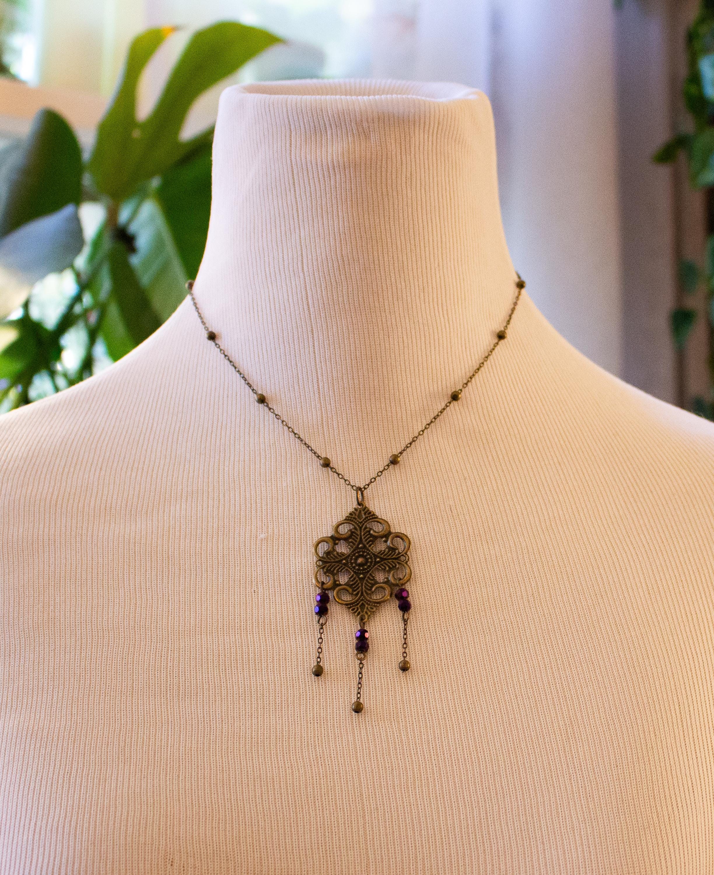 Vintage Art Nouveau Inspired Floral Filigree Bronze Necklace with Three Chain Multicolored Reflective Beaded Drops