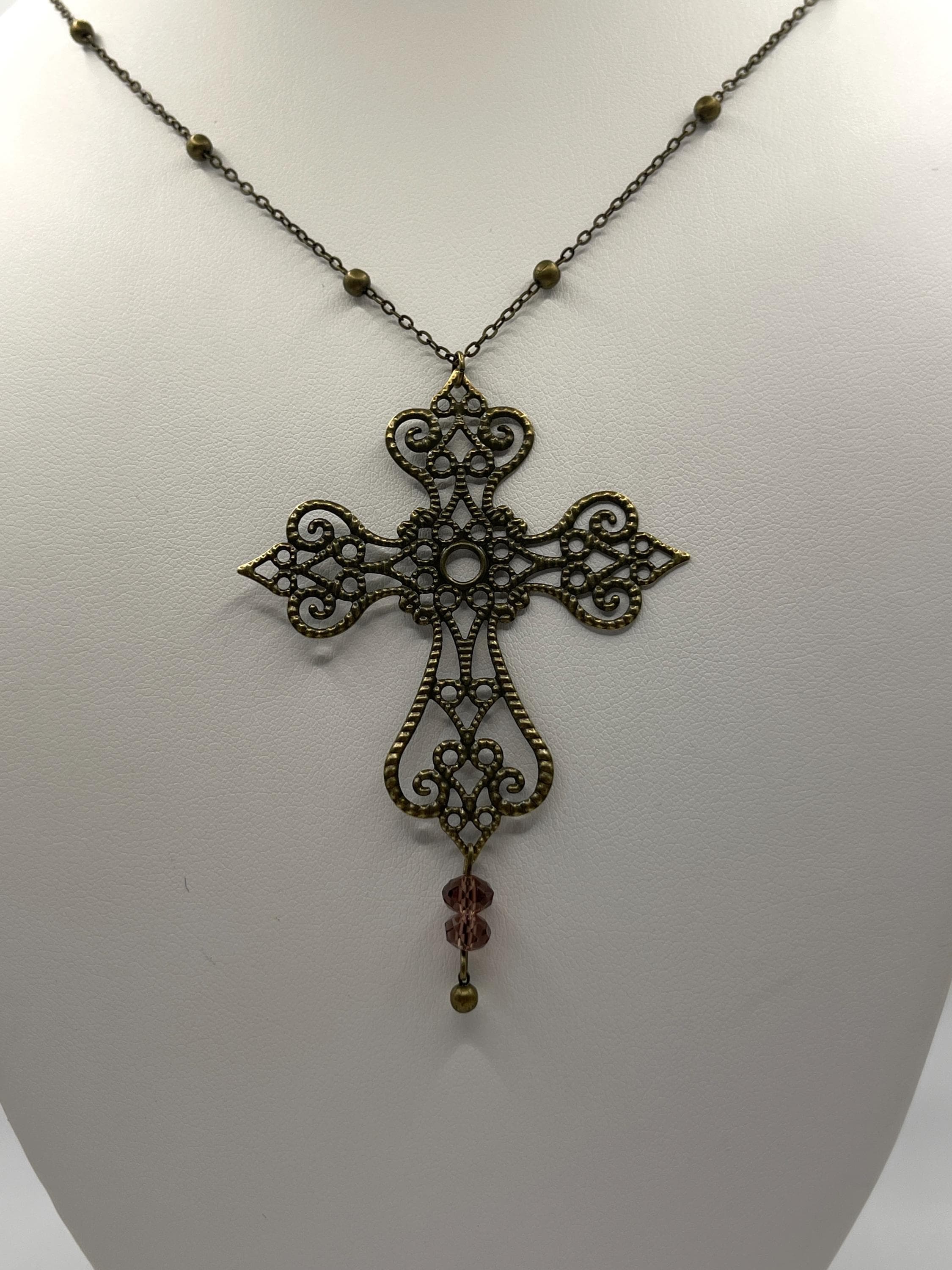 Vintage Art Nouveau Inspired Bronze Filigree Cross Necklace with Purple Bead Drop