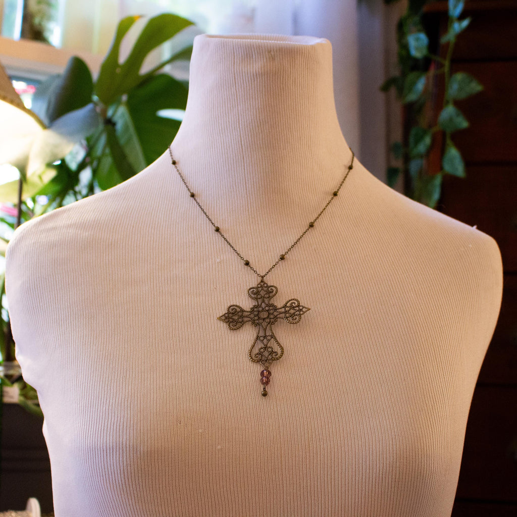 Vintage Art Nouveau Inspired Bronze Filigree Cross Necklace with Purple Bead Drop