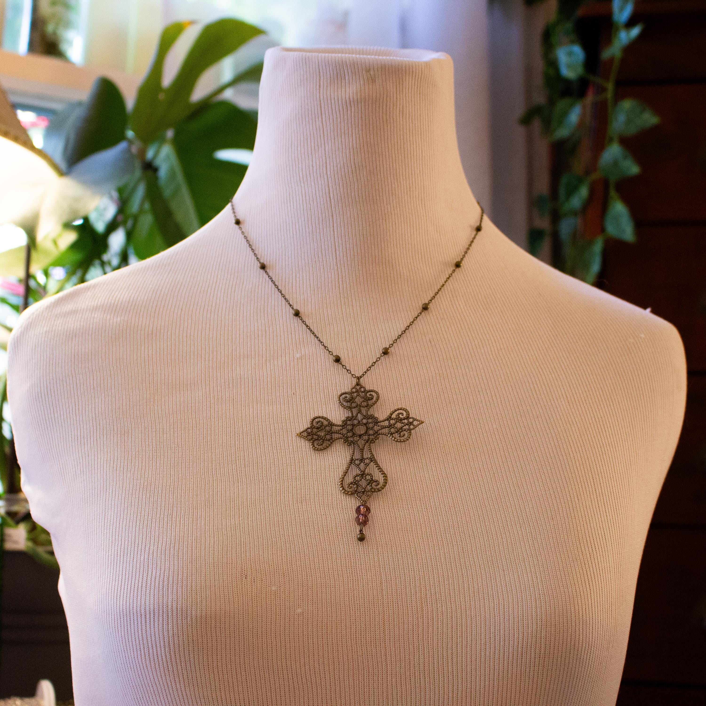 Vintage Art Nouveau Inspired Bronze Filigree Cross Necklace with Purple Bead Drop