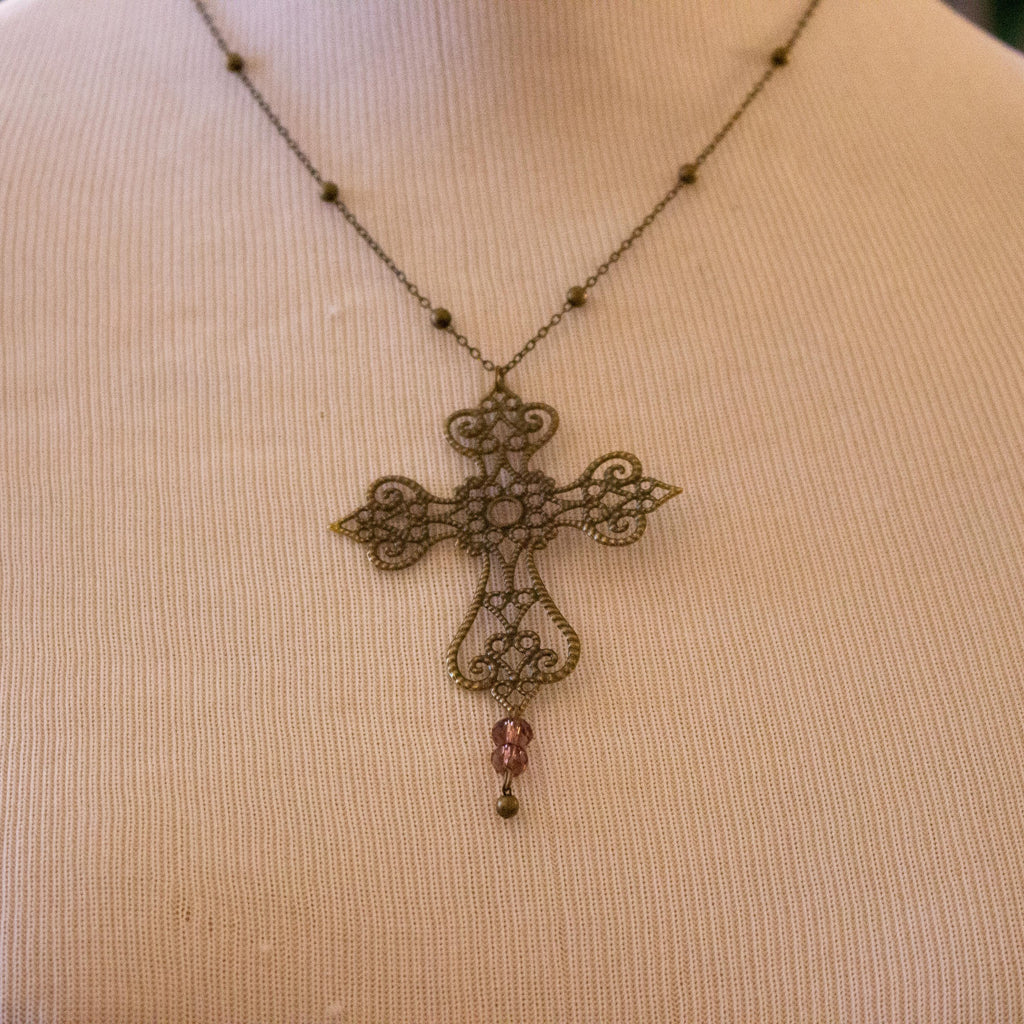 Vintage Art Nouveau Inspired Bronze Filigree Cross Necklace with Purple Bead Drop