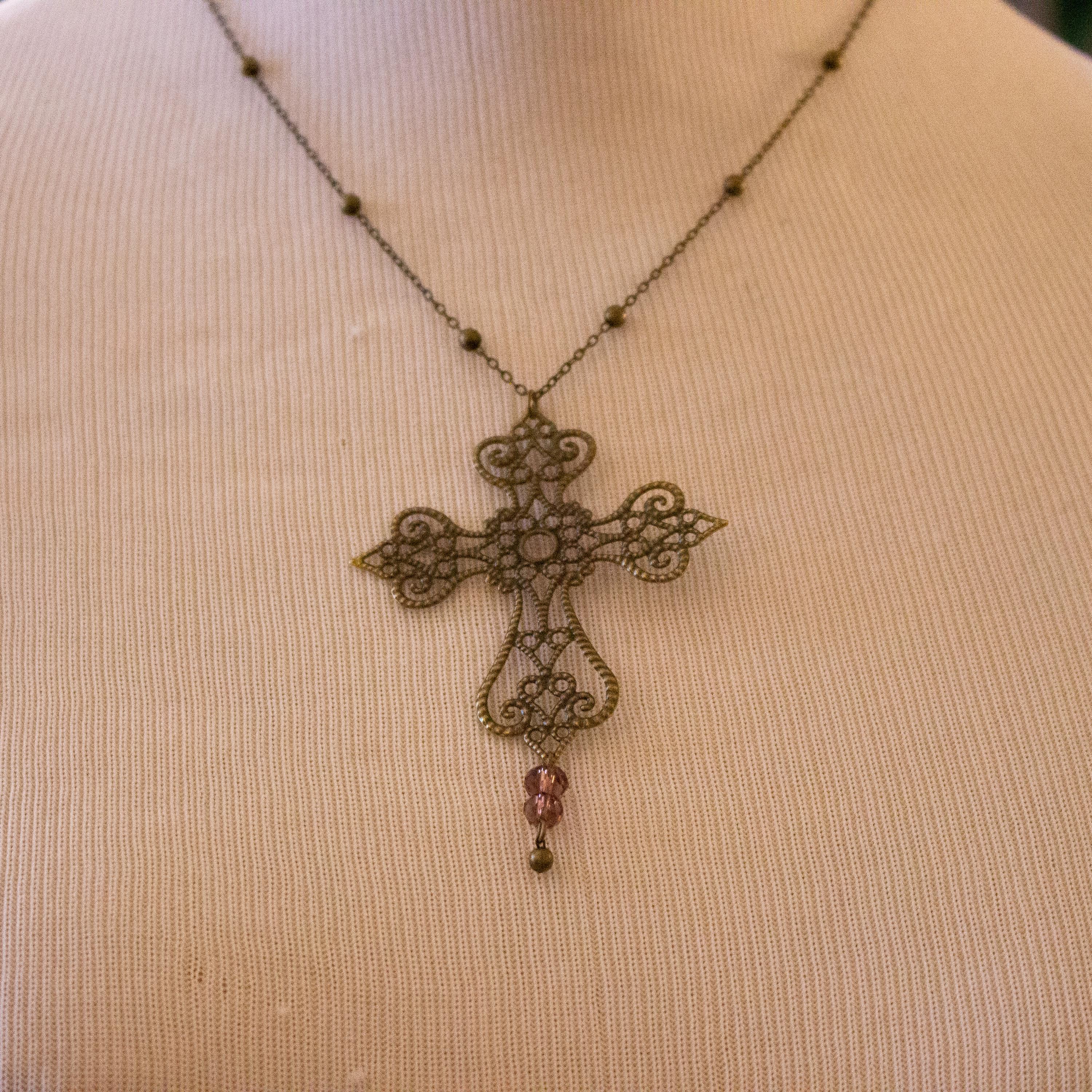 Vintage Art Nouveau Inspired Bronze Filigree Cross Necklace with Purple Bead Drop