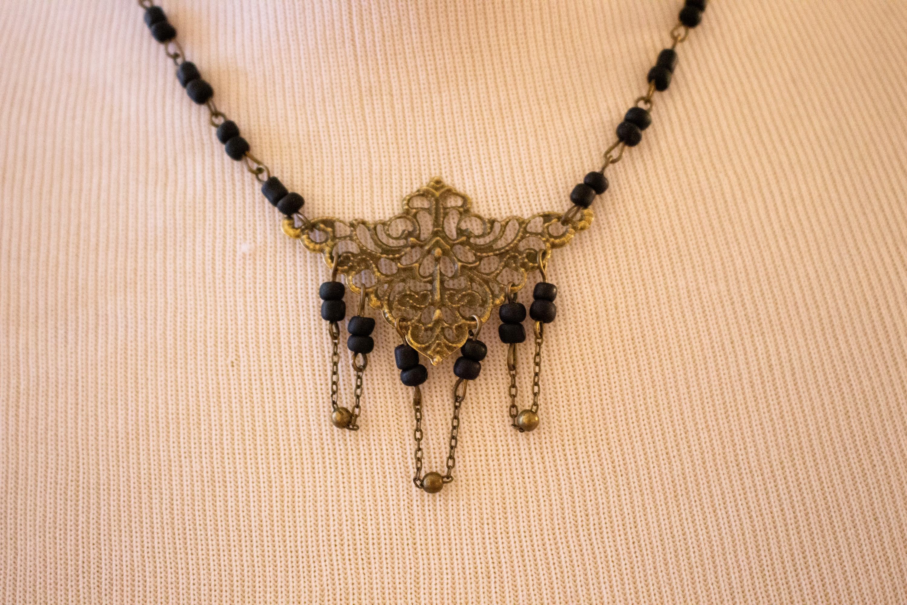 Vintage Art Nouveau Inspired Handmade Beaded Necklace with Bead and Chain Loops