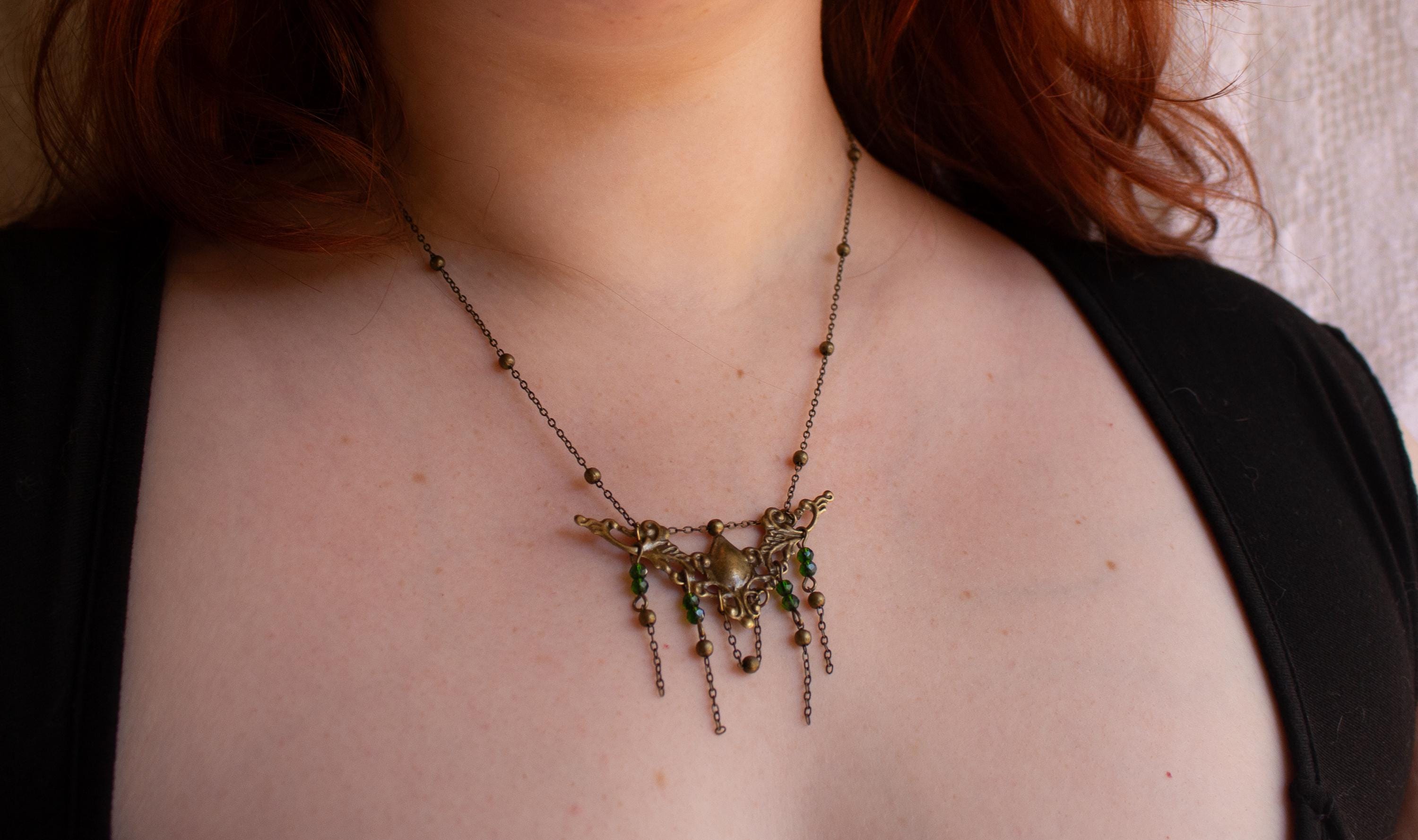 Vintage Art Nouveau Inspired Large Bronze Filigree Necklace with Green Beaded Chain Drops