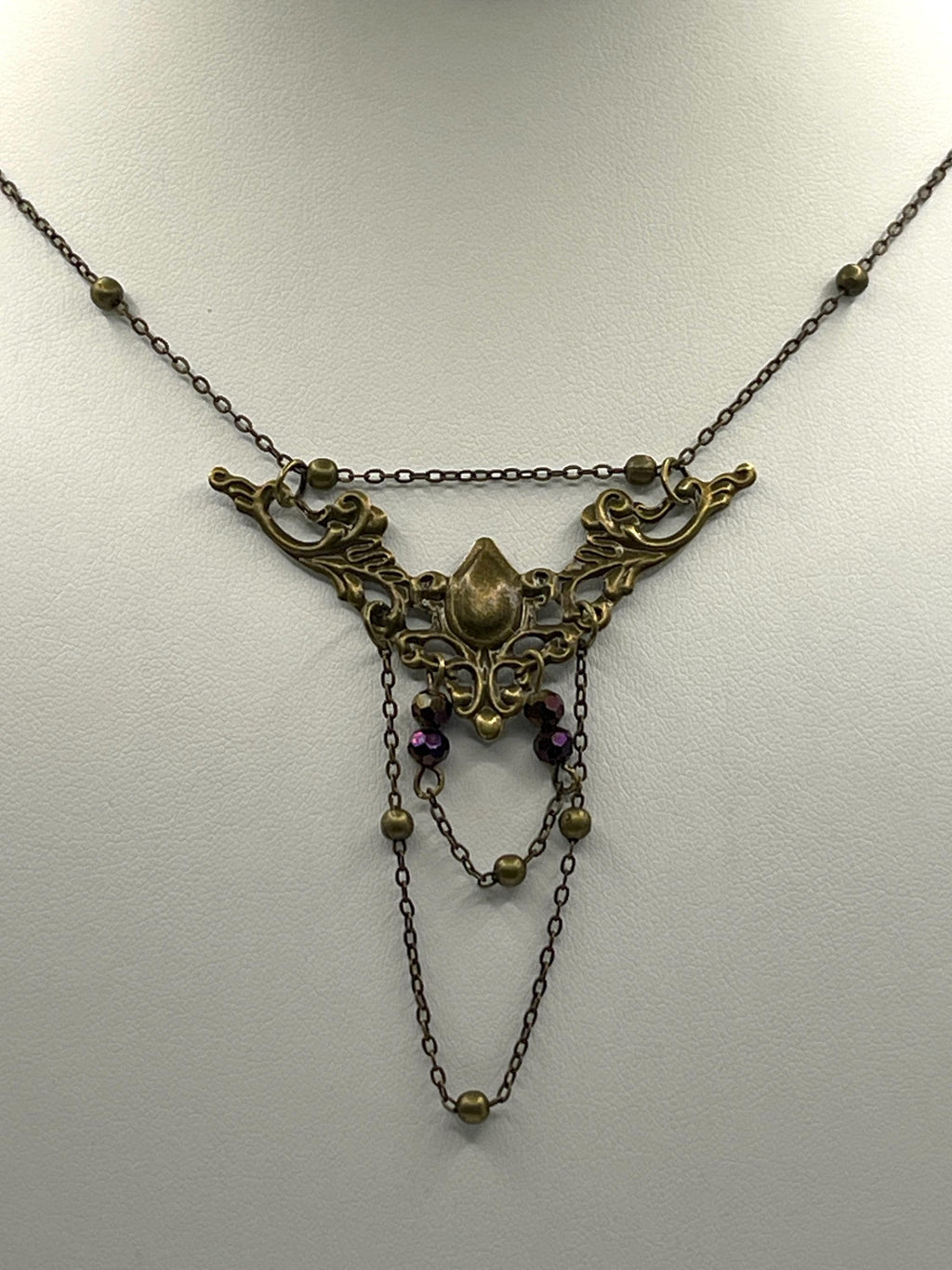 Vintage Art Nouveau Inspired Bronze Filigree Necklace with Two Chain Loops and Dark Purple Reflective Beads