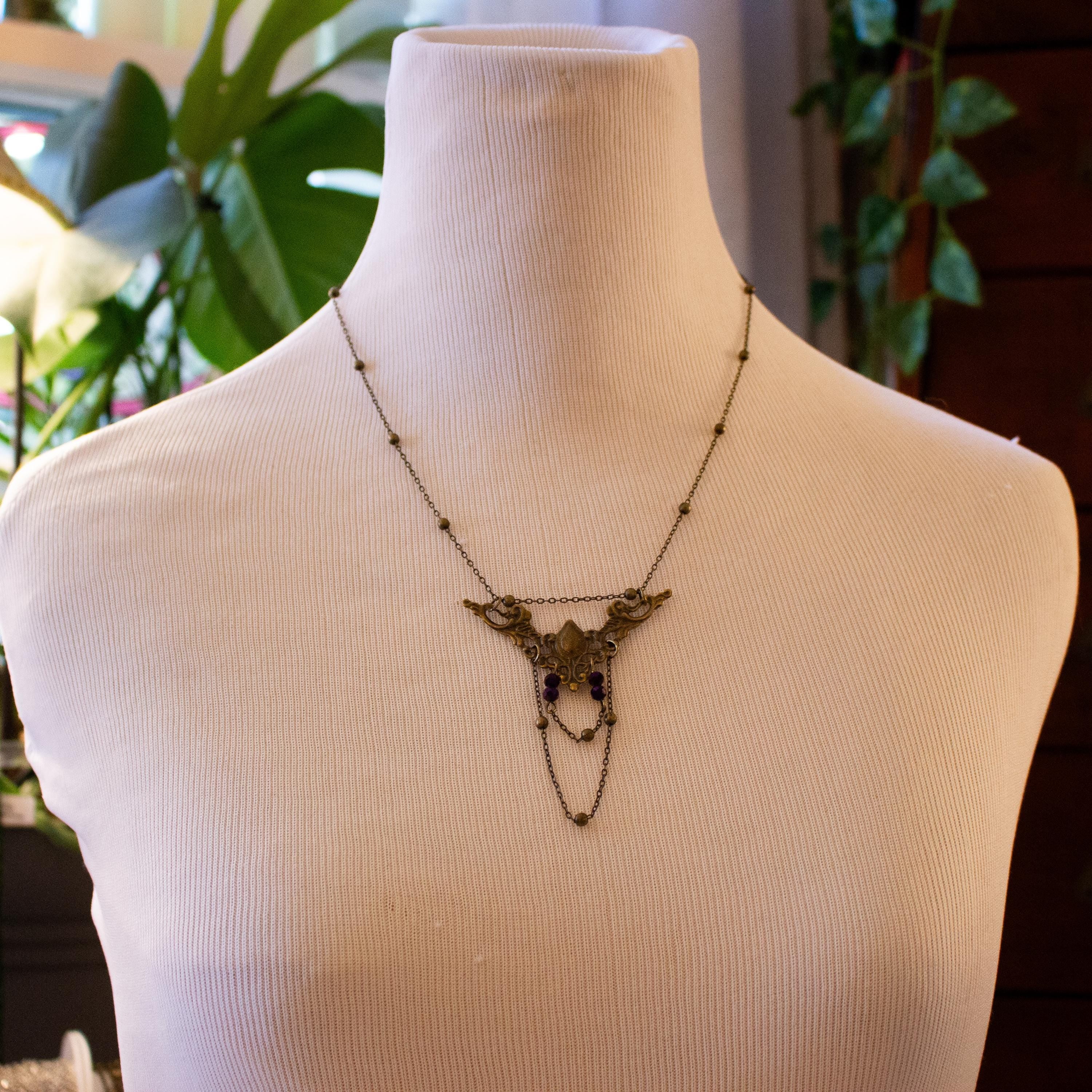 Vintage Art Nouveau Inspired Bronze Filigree Necklace with Two Chain Loops and Dark Purple Reflective Beads
