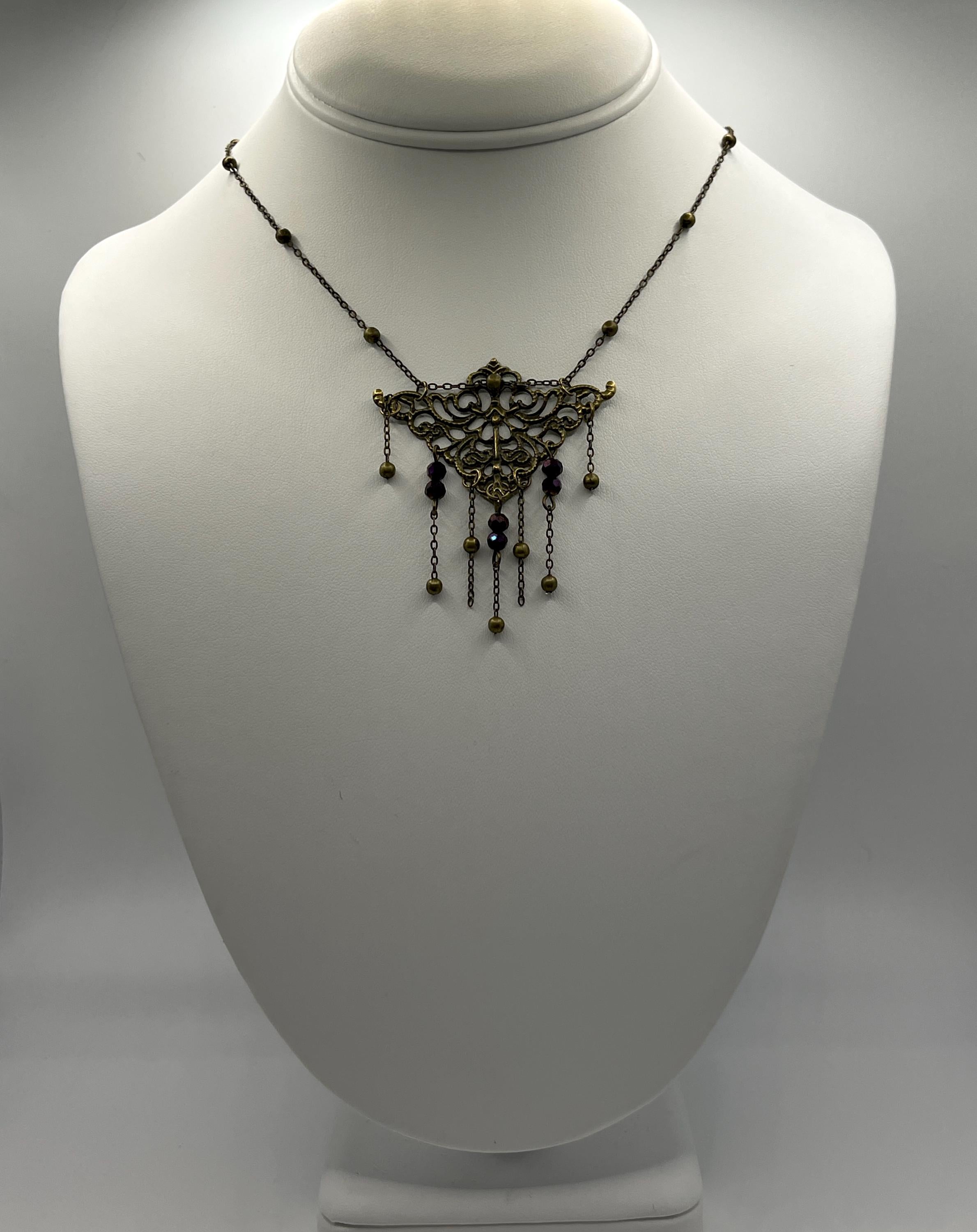 Vintage Art Nouveau Inspired Bronze Filigree Necklace with Chain and Dark Purple Reflective Bead Drops