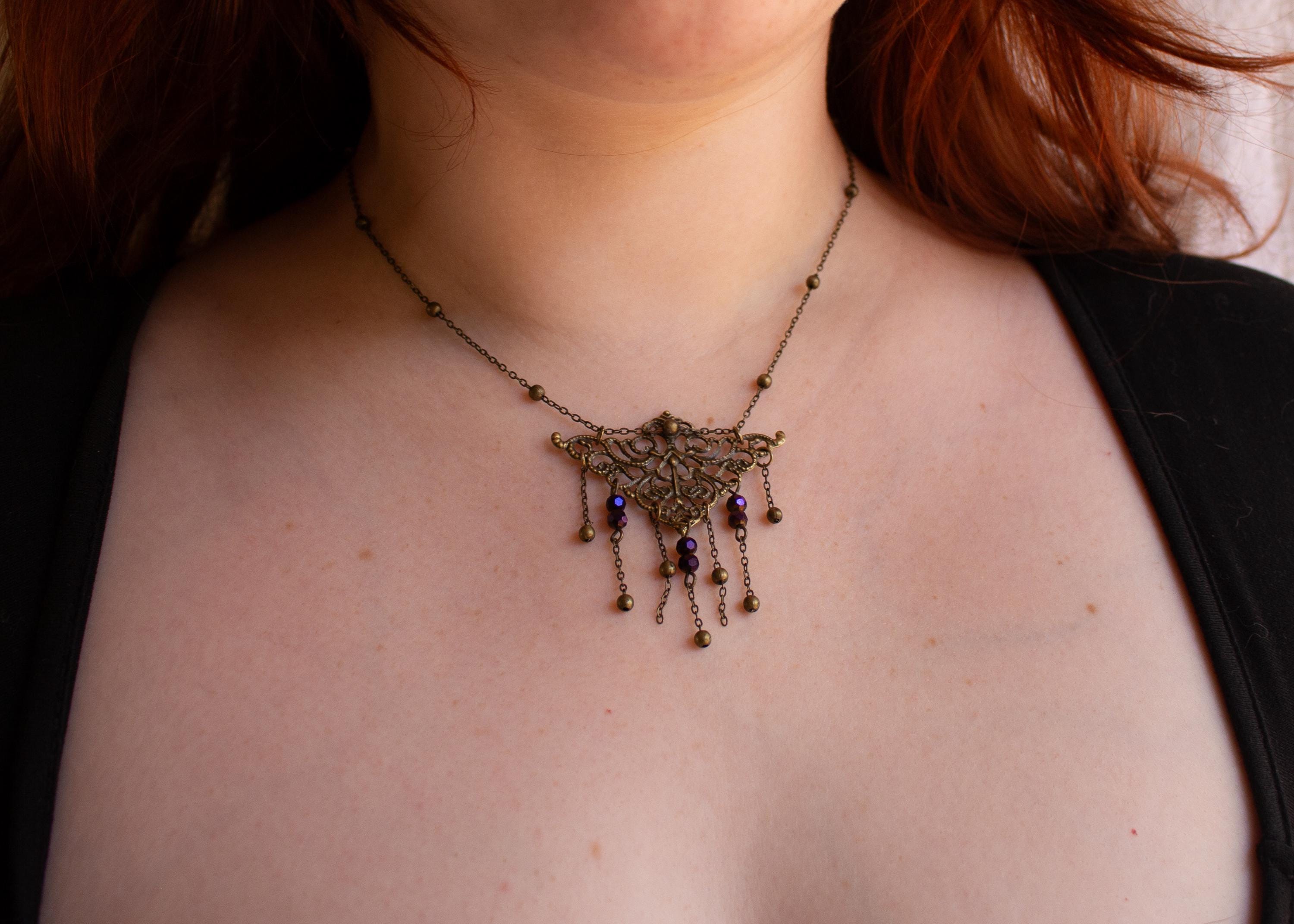 Vintage Art Nouveau Inspired Bronze Filigree Necklace with Chain and Dark Purple Reflective Bead Drops
