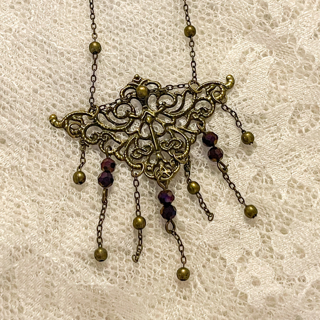 Vintage Art Nouveau Inspired Bronze Filigree Necklace with Chain and Dark Purple Reflective Bead Drops