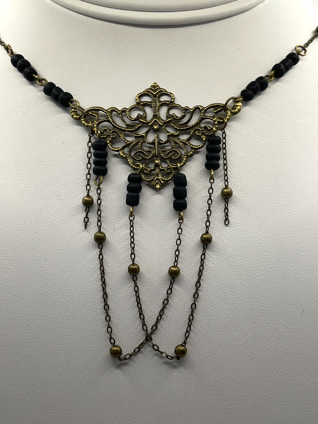 Vintage Art Nouveau Inspired Handmade Beaded Necklace with Bead and Chain Loops