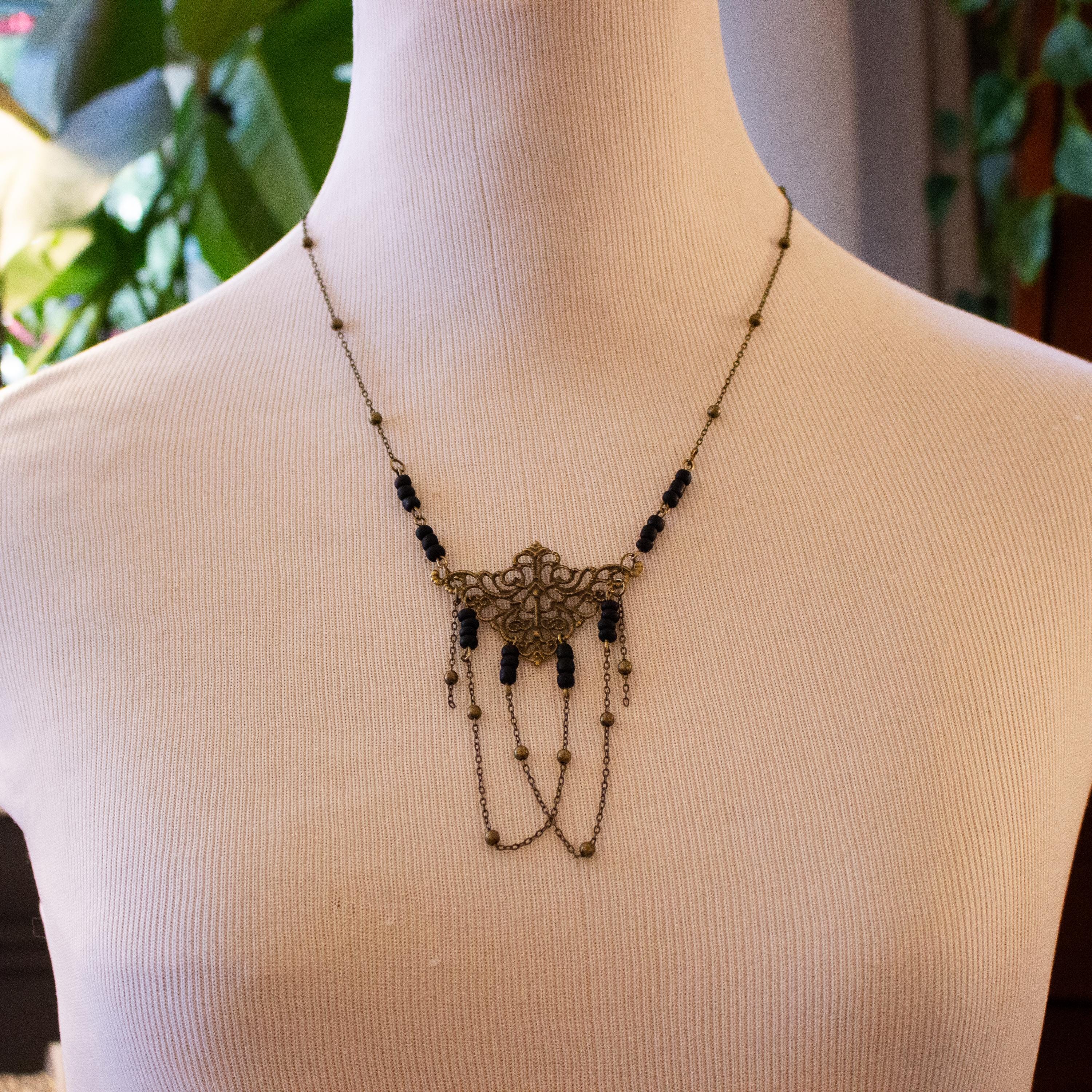 Vintage Art Nouveau Inspired Handmade Beaded Necklace with Bead and Chain Loops