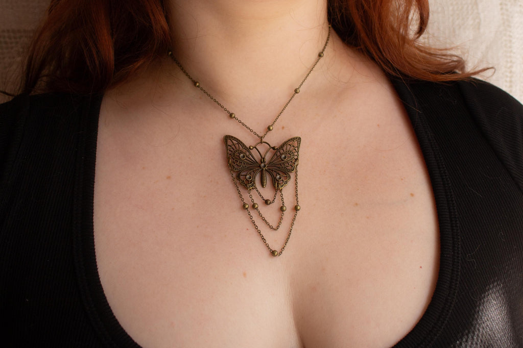 Bronze Butterfly Pendant Necklace: Art Nouveau Draped Chain Jewelry