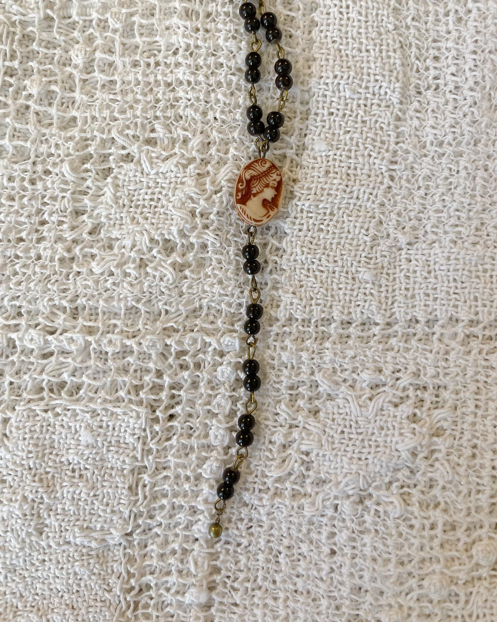 Vintage Inspired Beaded Rosary Y-Style Drop Necklace with Cameo Pendant – Gothic Victorian Statement Jewelry