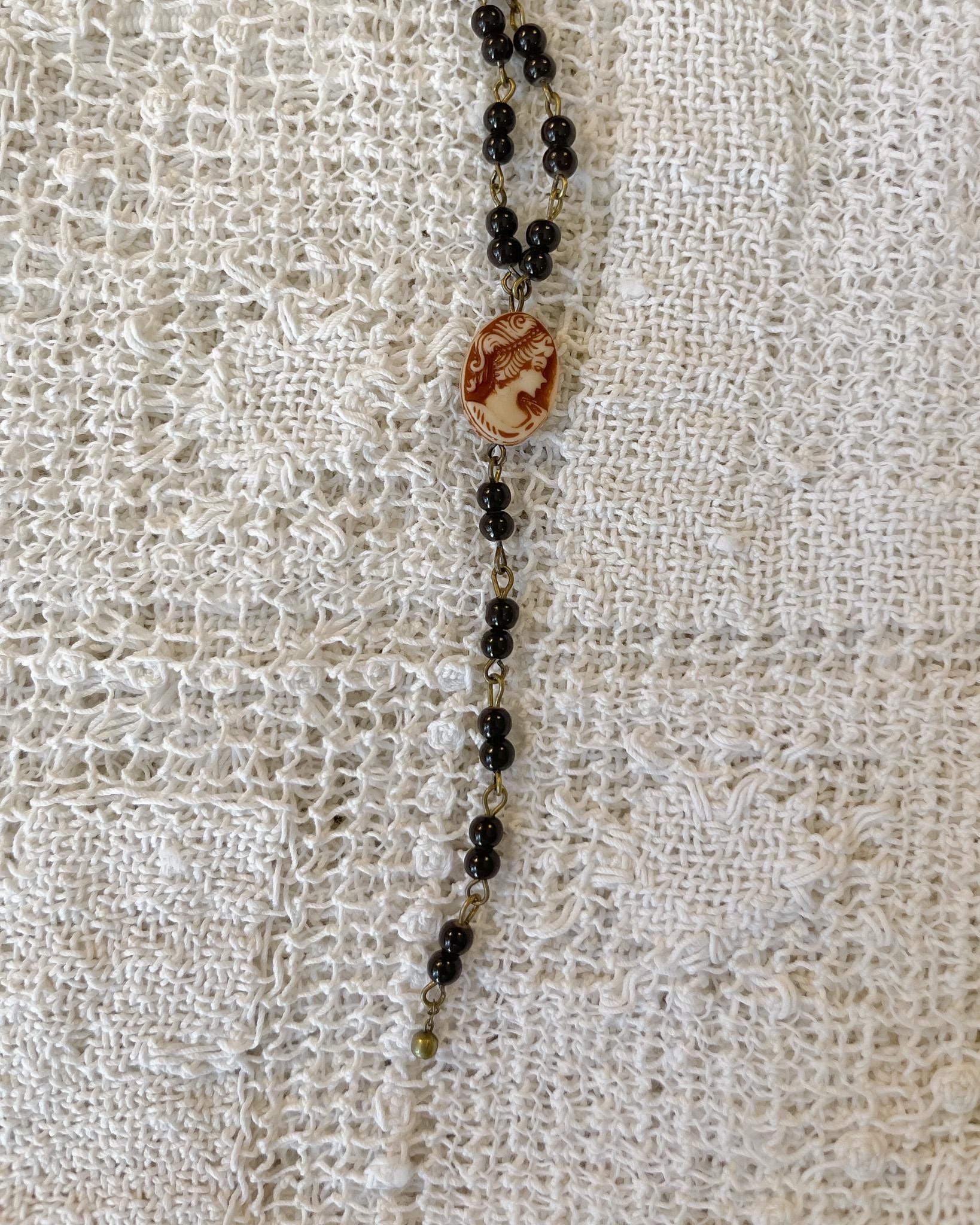 Vintage Inspired Beaded Rosary Y-Style Drop Necklace with Cameo Pendant – Gothic Victorian Statement Jewelry