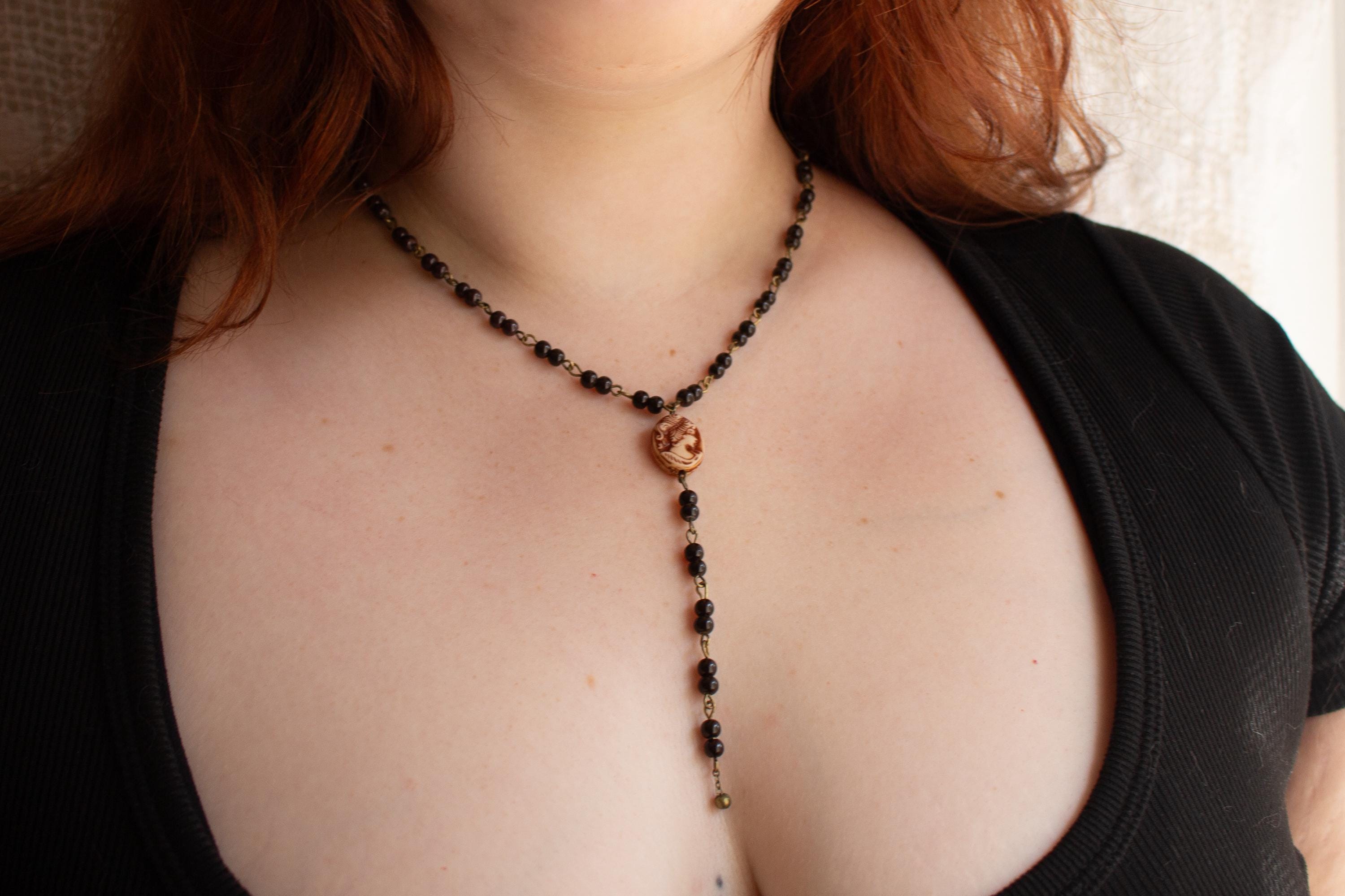 Vintage Inspired Beaded Rosary Y-Style Drop Necklace with Cameo Pendant – Gothic Victorian Statement Jewelry