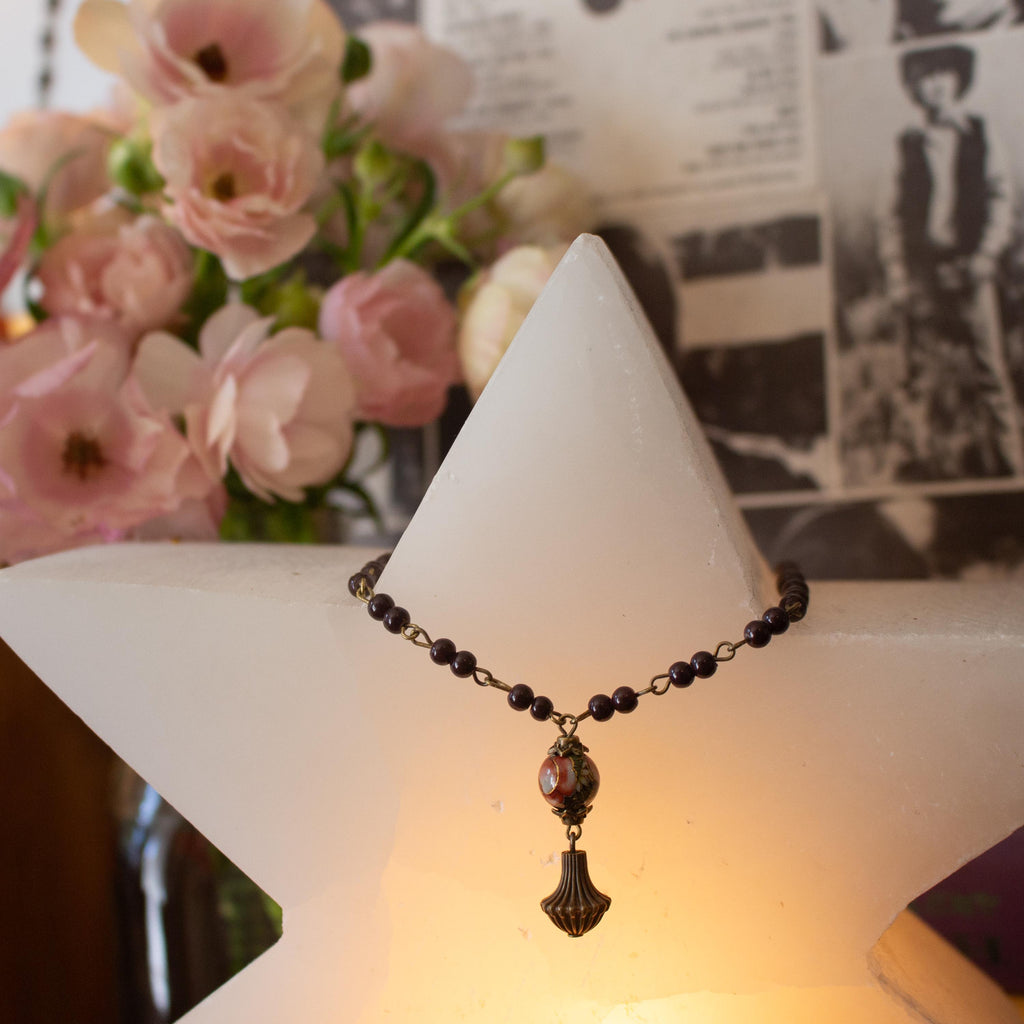 Hand Beaded Necklace with Vintage 60s Bead and Metal Drop Pendant – Retro Statement Jewelry