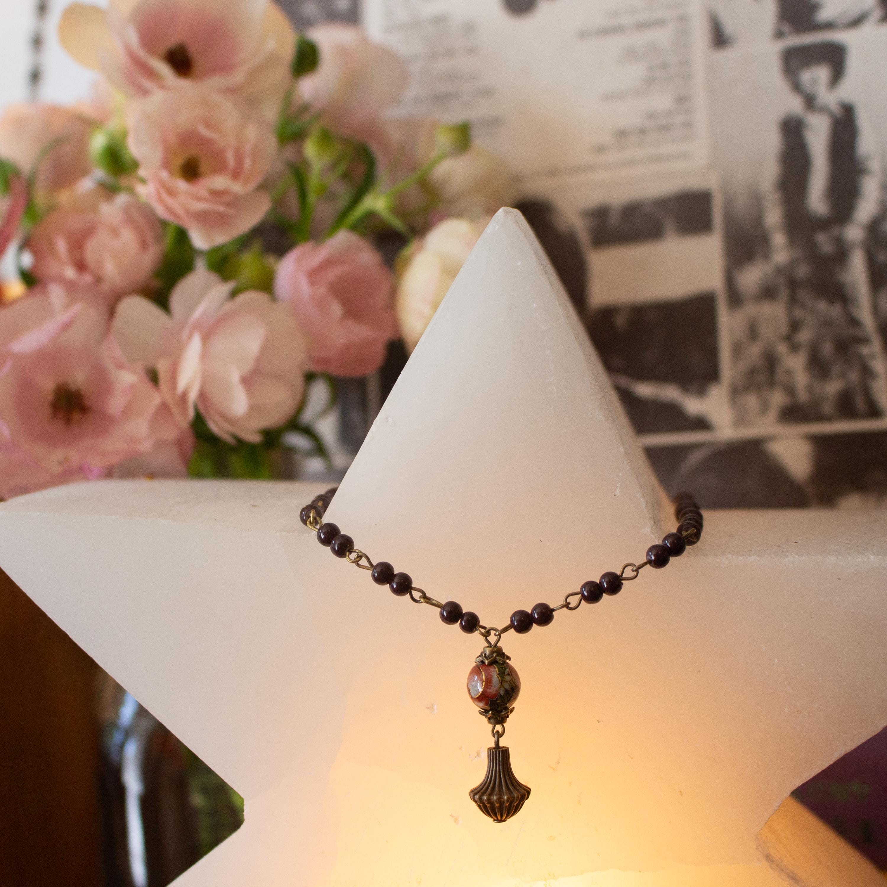 Hand Beaded Necklace with Vintage 60s Bead and Metal Drop Pendant – Retro Statement Jewelry